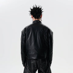SAVAGEGROWTHWORLD Snake Bone Embroidered Rivet Cropped PU Jacket