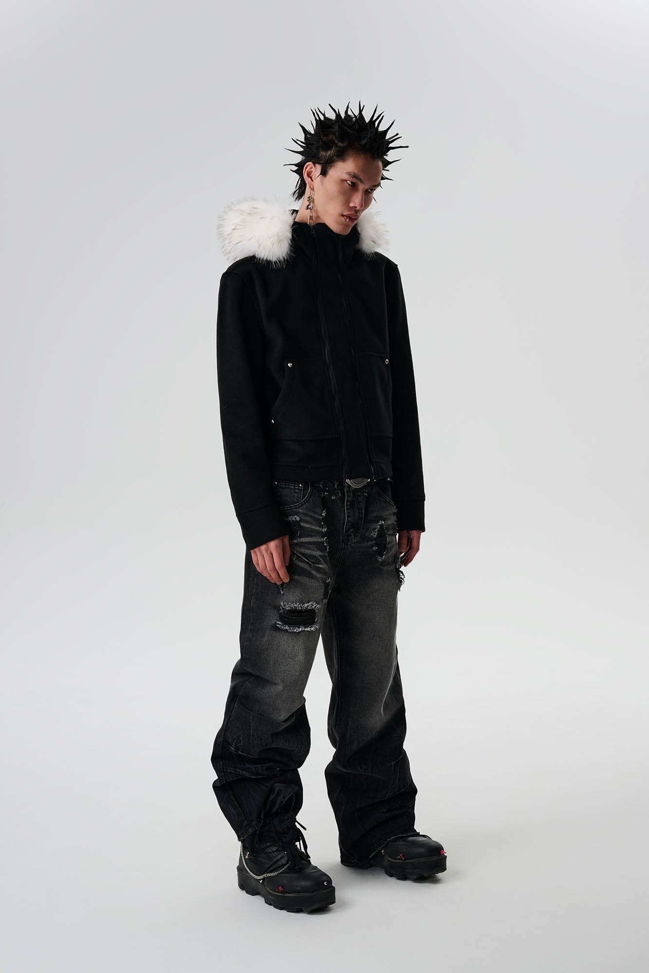 SAVAGEGROWTHWORLD Detachable Fur Collar Double-Zipper Coat