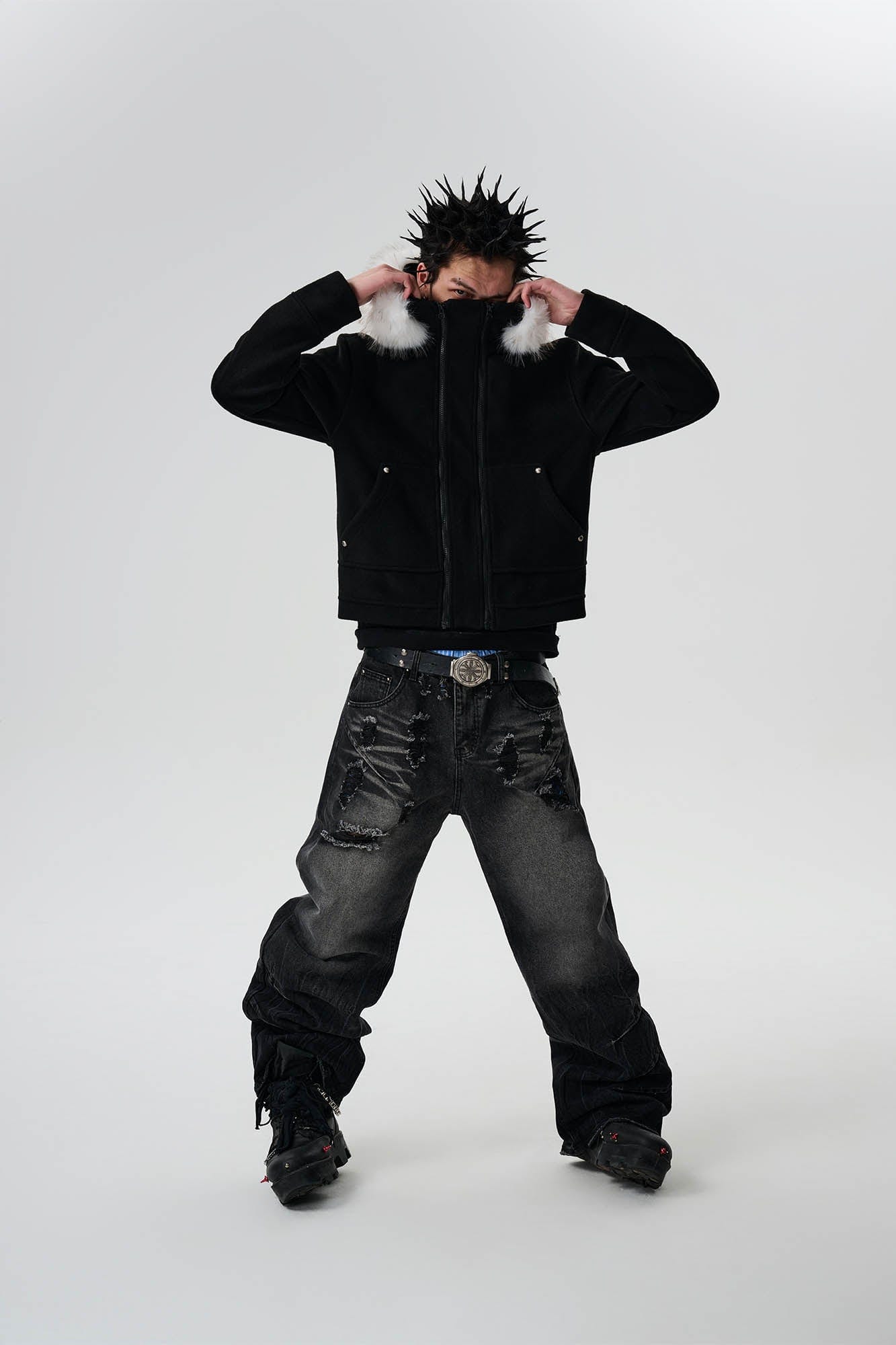 SAVAGEGROWTHWORLD Detachable Fur Collar Double-Zipper Coat