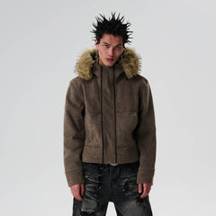 SAVAGEGROWTHWORLD Detachable Fur Collar Double-Zipper Coat