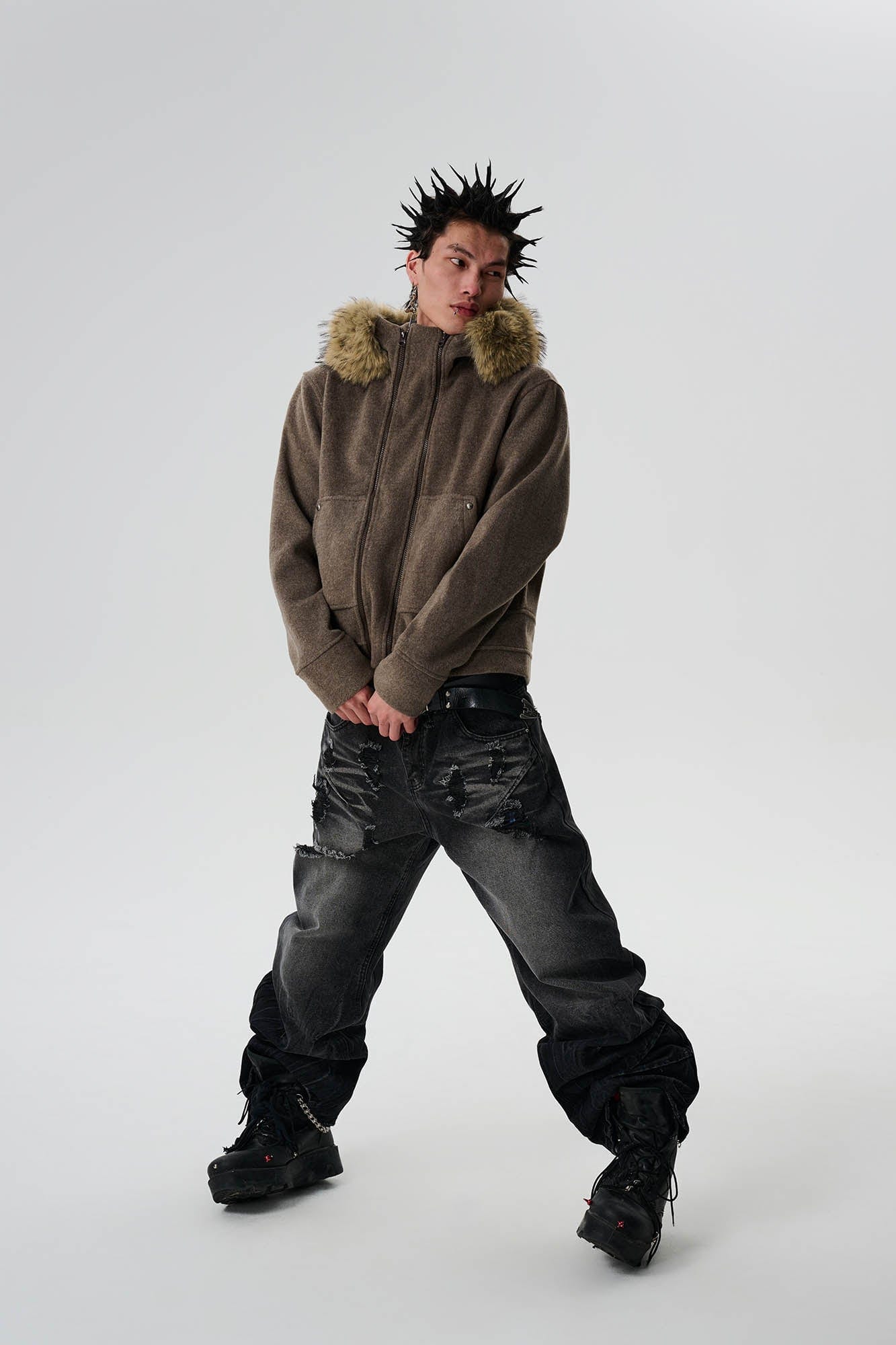 SAVAGEGROWTHWORLD Detachable Fur Collar Double-Zipper Coat