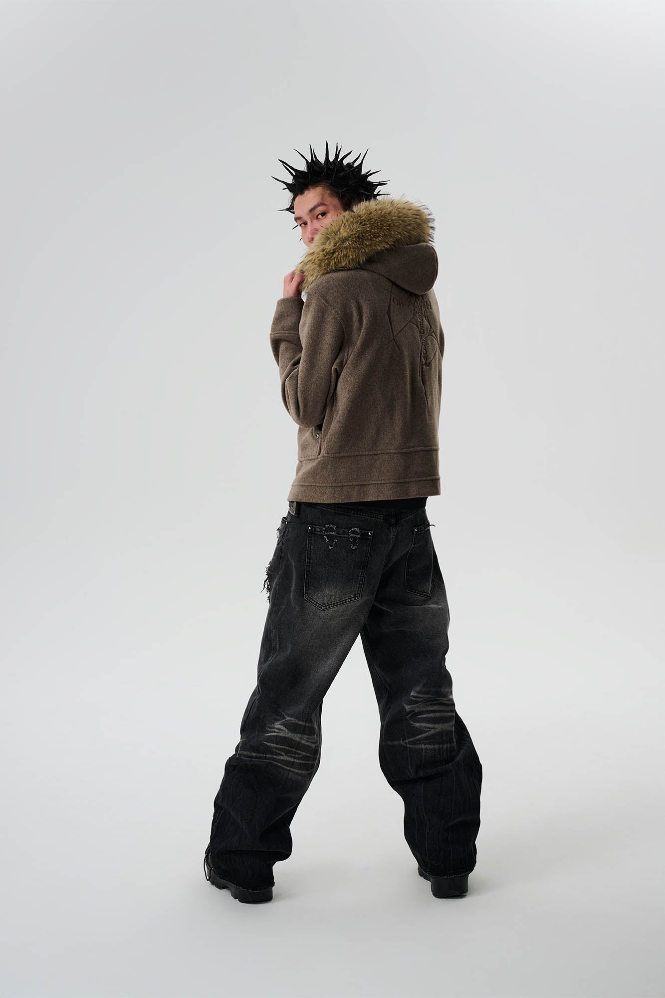 SAVAGEGROWTHWORLD Detachable Fur Collar Double-Zipper Coat