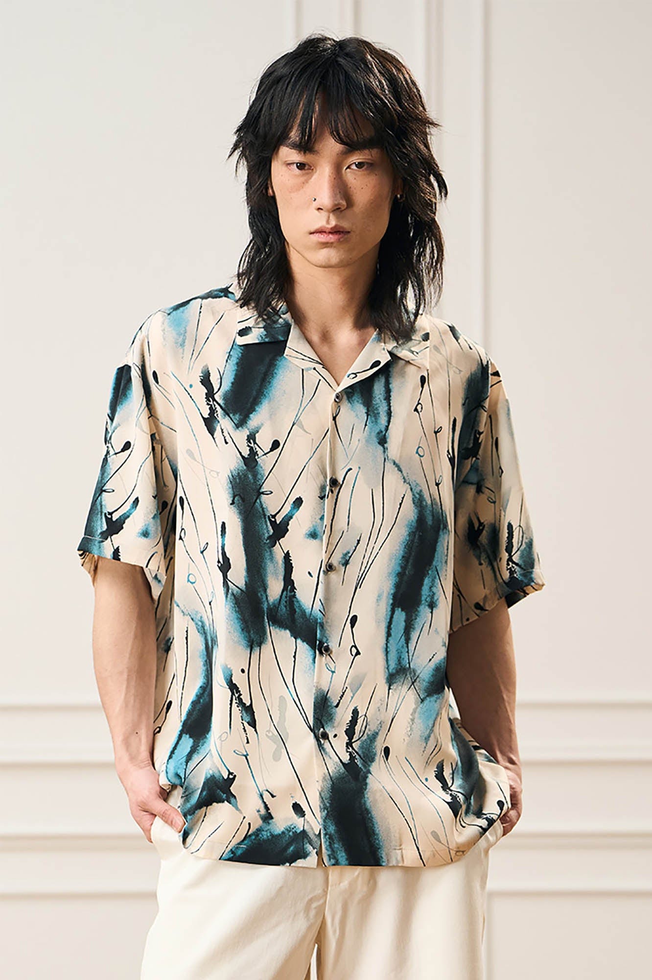 EPIC POETRY Ink Splash Cuban Half Shirt  Blue