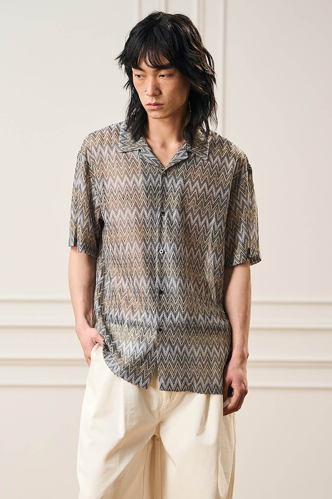 EPIC POETRY Geometric Ripple Knitted Half Shirt Sandstone