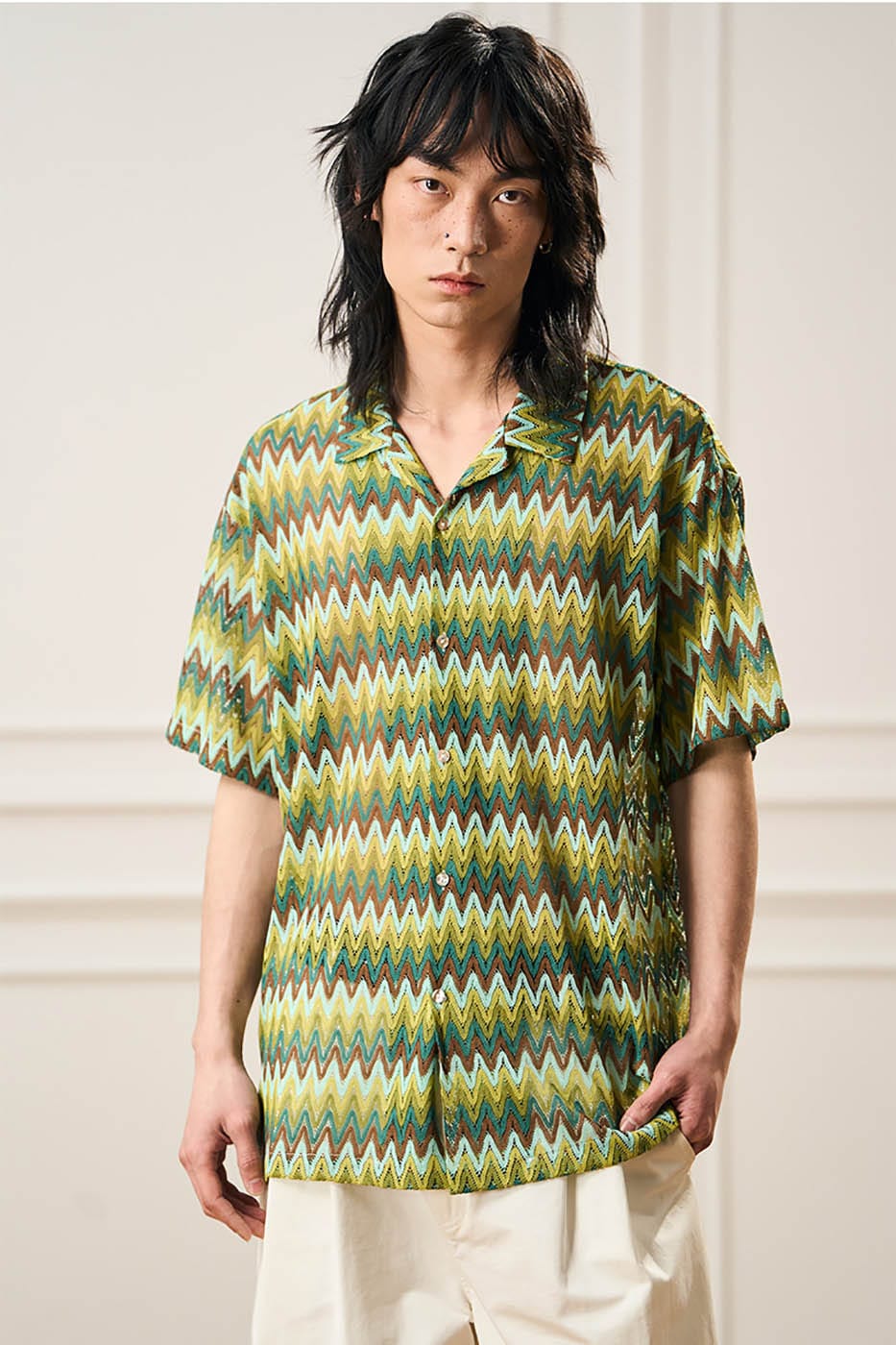 EPIC POETRY Geometric Ripple Knitted Half Shirt Watermelon