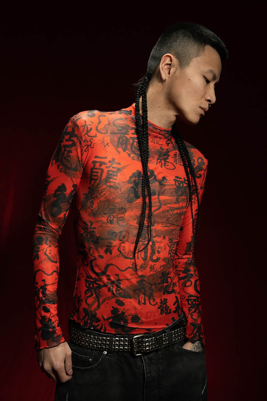 RTVG Calligraphy Full-Print Turtleneck Slim L/S Tee