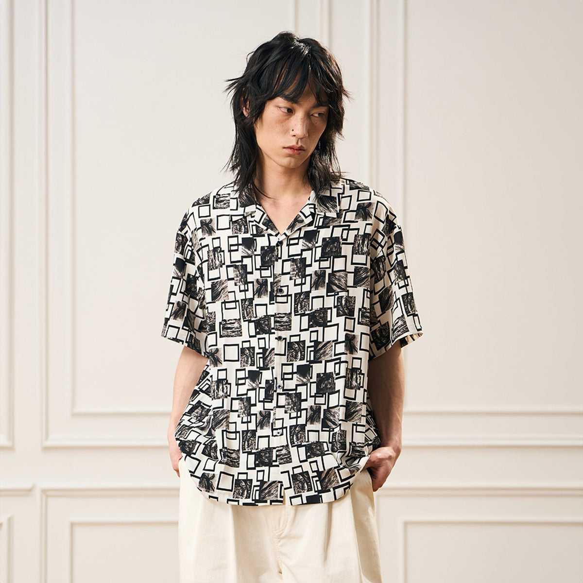 EPIC POETRY Monochrome Collage Grid Cuban Half Shirt