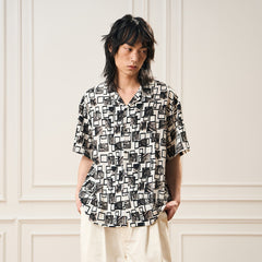 EPIC POETRY Monochrome Collage Grid Cuban Half Shirt