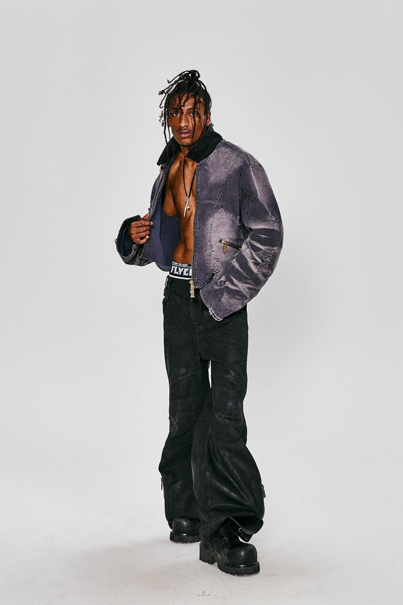 FLYERRER Distressed Curved Spliced Jacket Grey