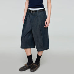 OPICLOTH Washed Asymmetric Fly Pleated Denim Shorts