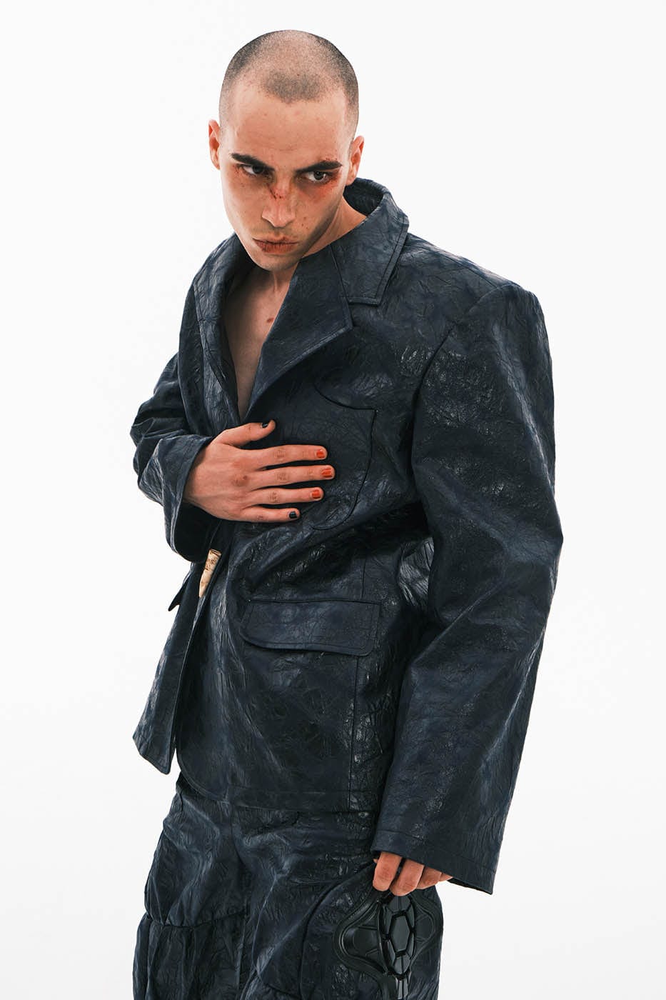 EMBRYO Crinkled Textured Faux Leather Blazer