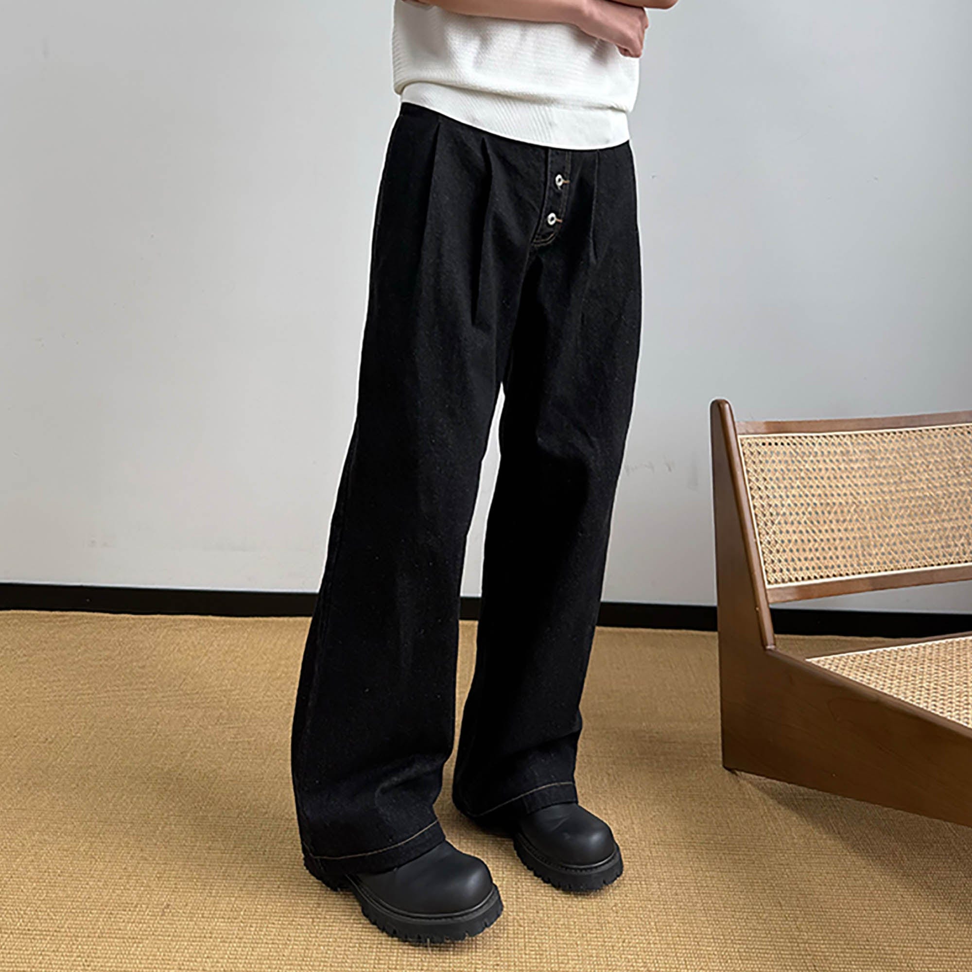 KREATE Retro Button-Fly Pleated Wide-Leg Jeans