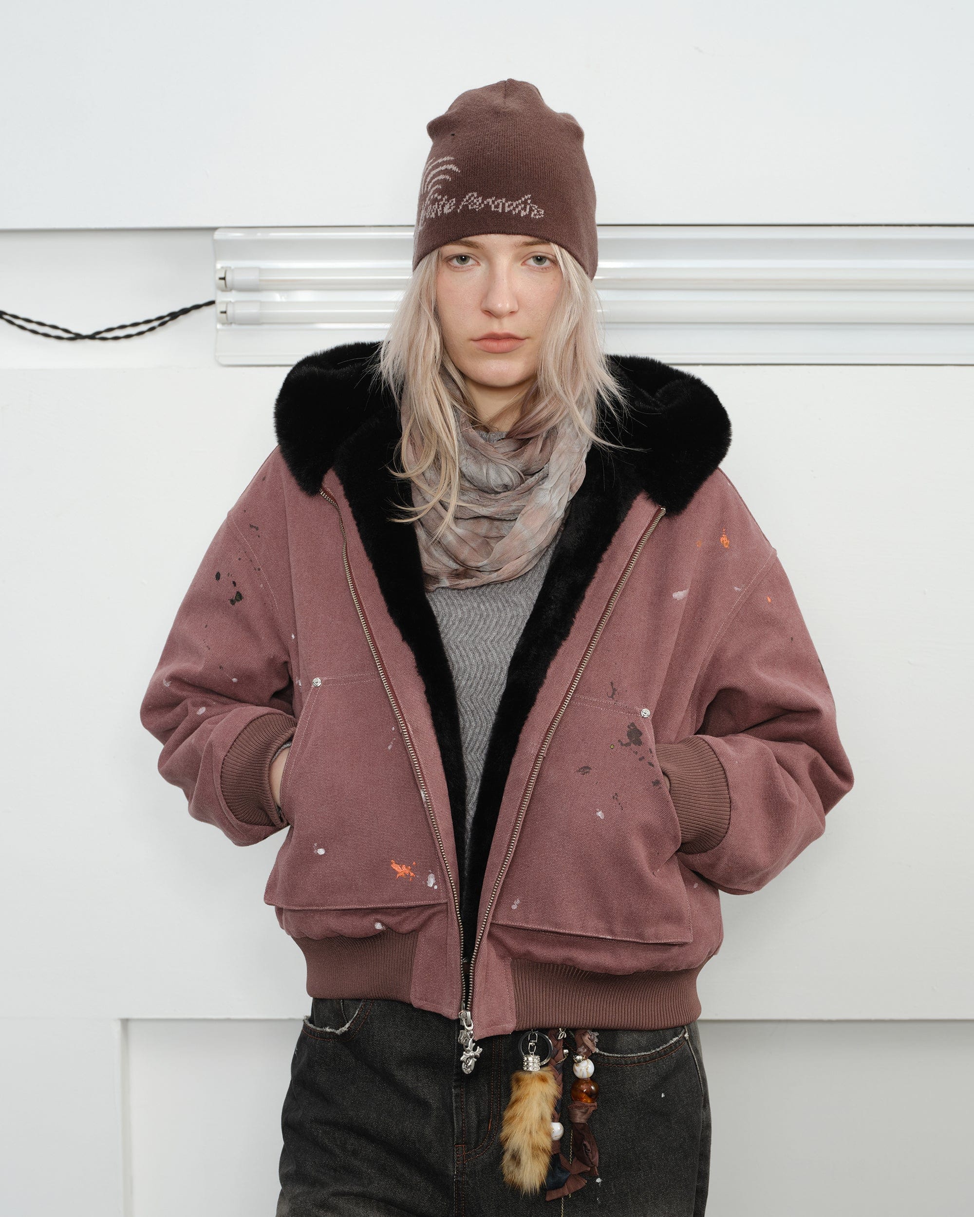 KREATE Rivet Zipper Paint-splattered Fleece-Lined Hooded Jacket