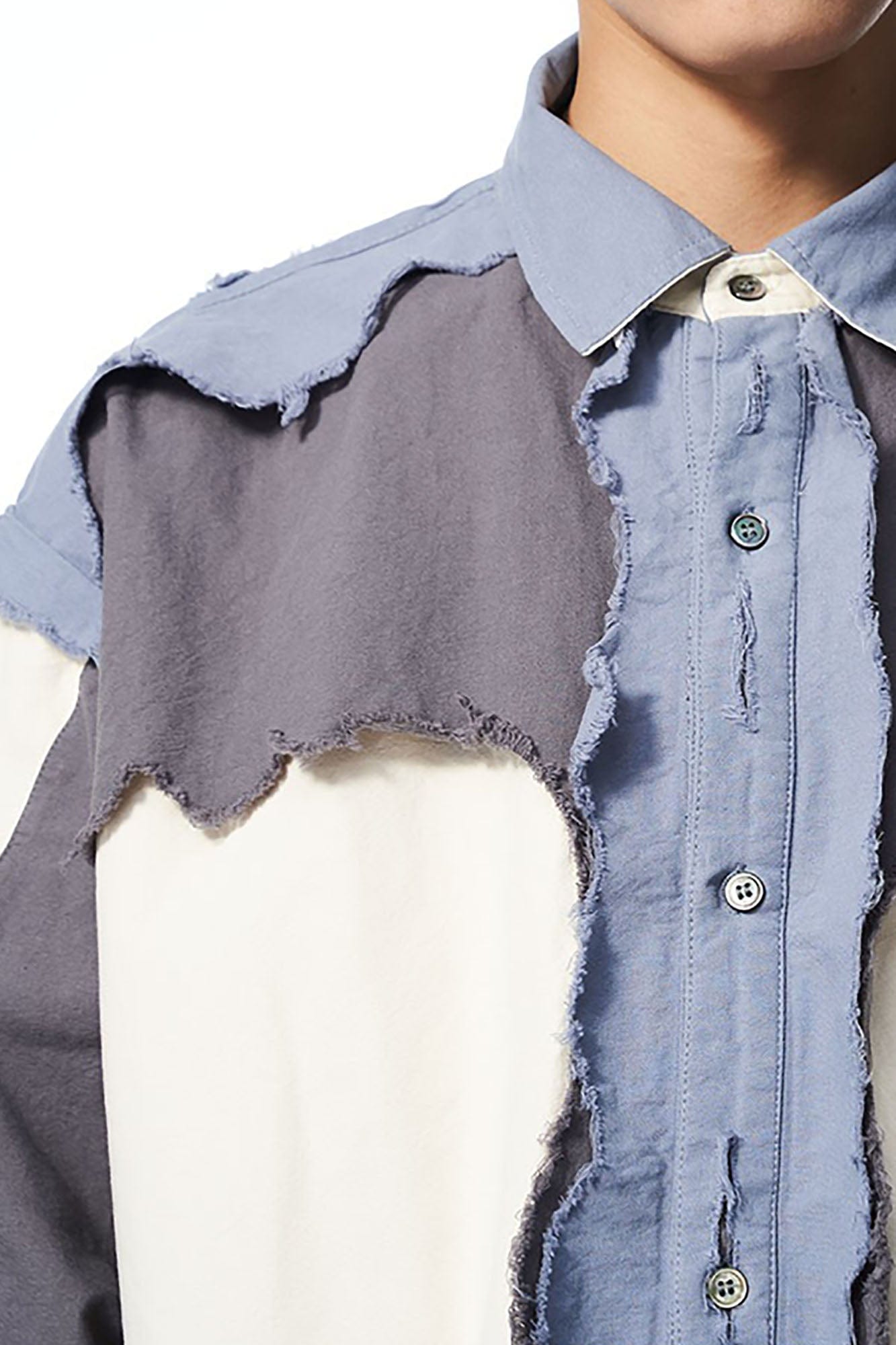 RELABEL Deconstructed Paneled Raw-Edge Frayed Shirt