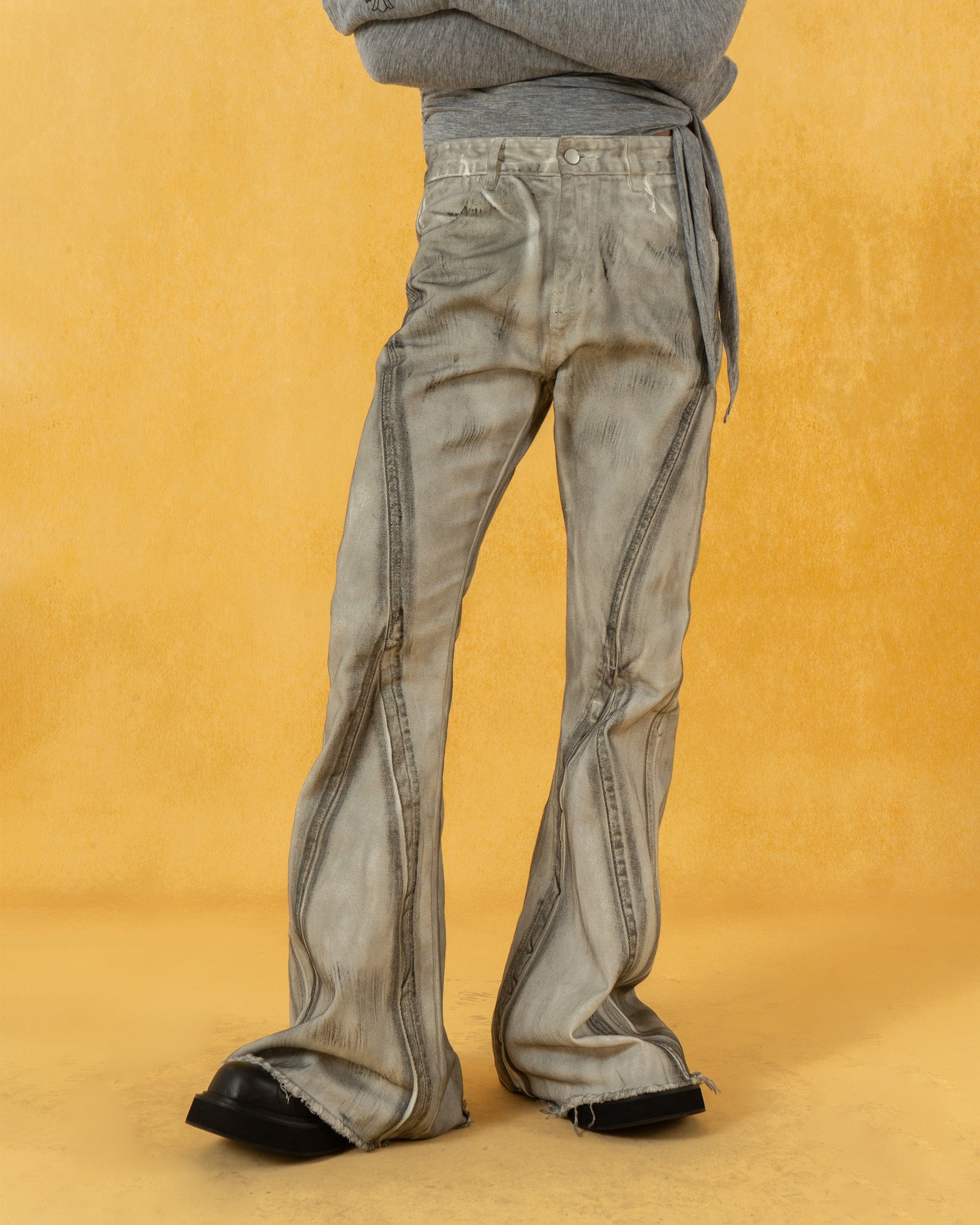 CLP Spliced Distressed Raw Edge Flared Jeans