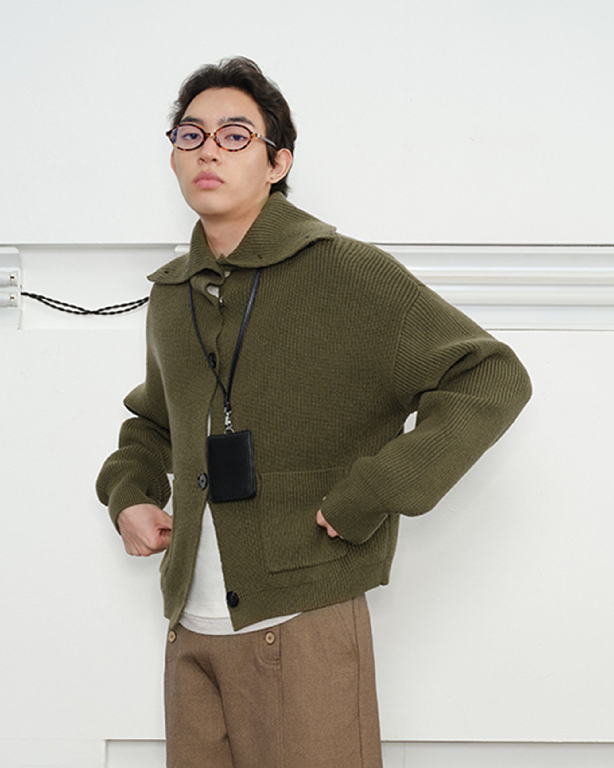 KREATE High-Collar Big-Pocket Button-Up Knitted Jacket