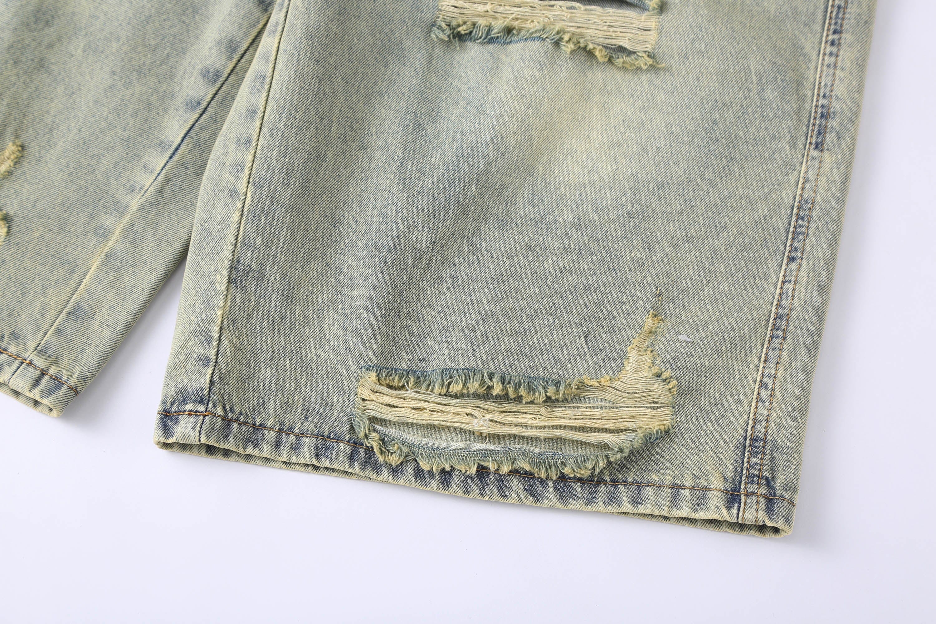 CLP Washed Ripped Knee-Length Denim Shorts