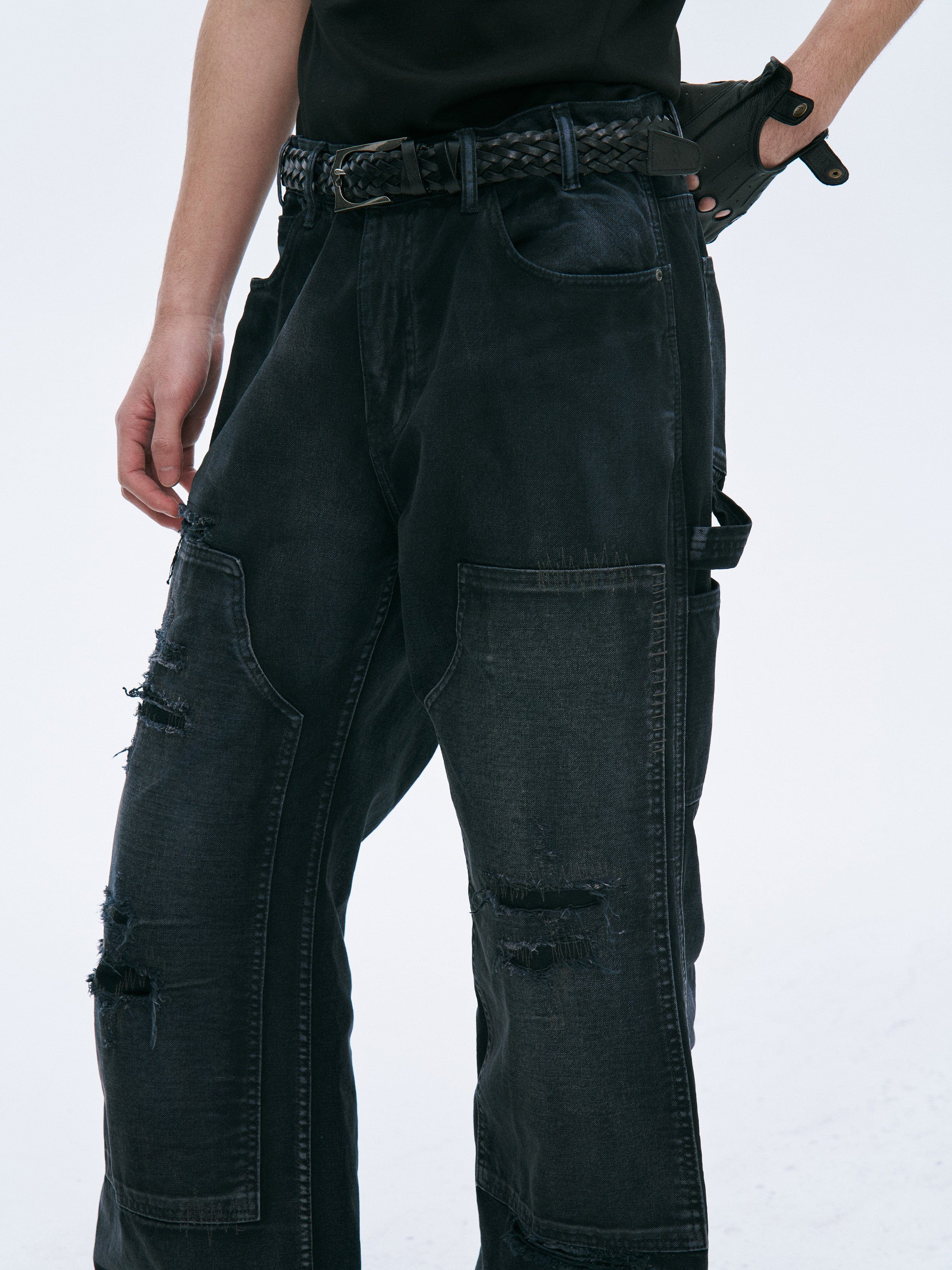 CATSSTAC Distressed Double-Knee Carpenter Straight-Leg Jeans Black