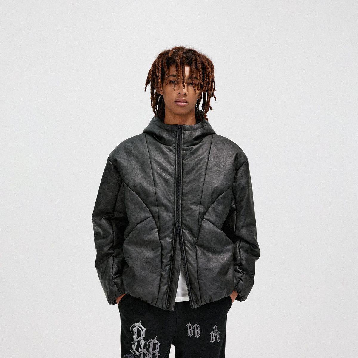 BONELESS Spliced Faux Leather Cotton Padded Jacket