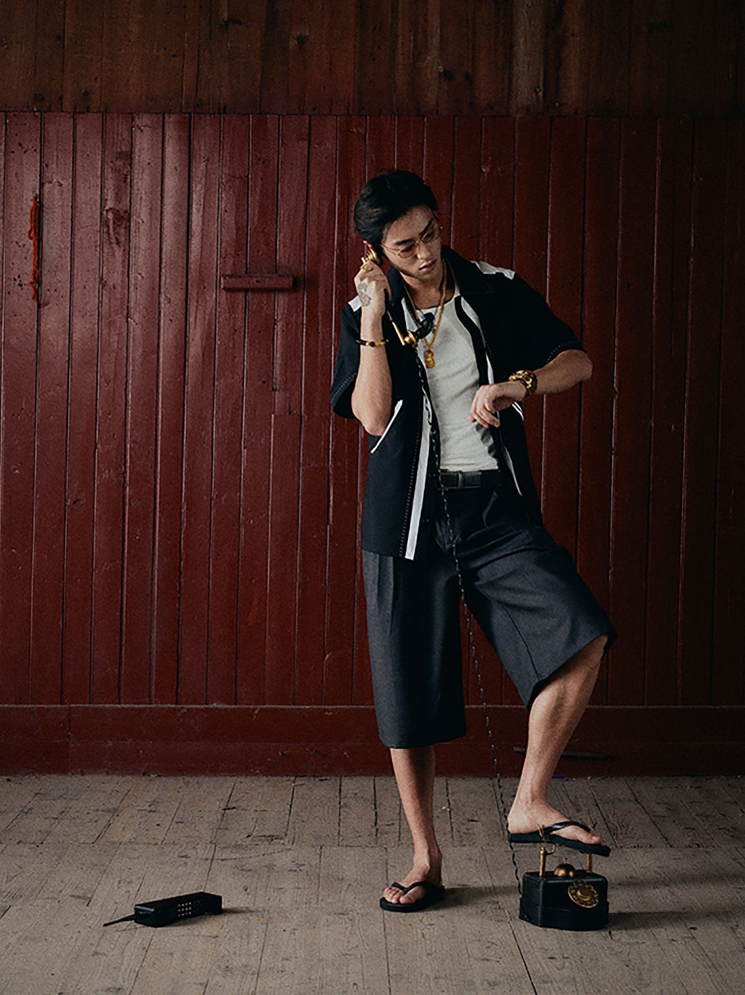 IN EXISTENCE Double-Pleated Mini Check Wide-Leg Shorts