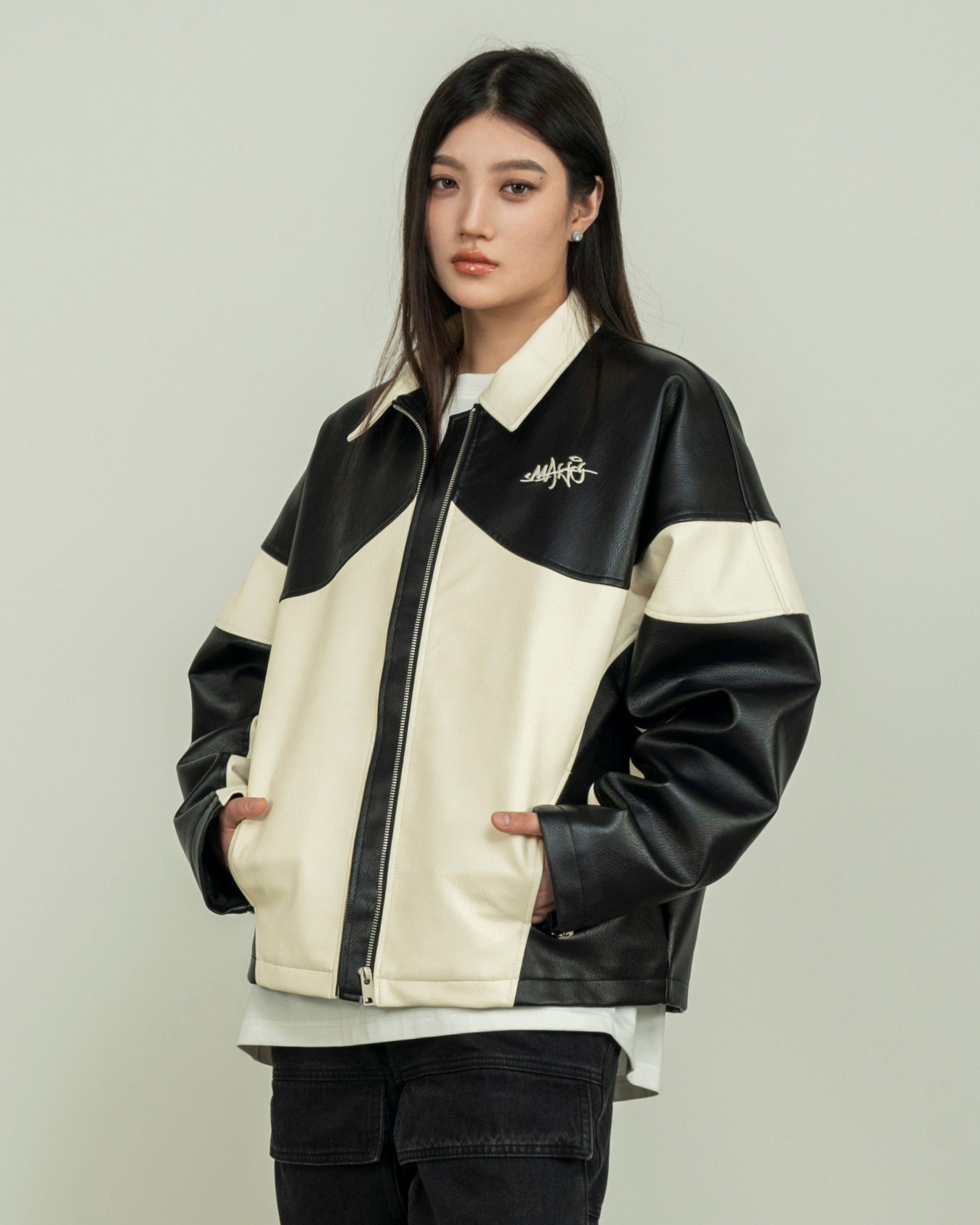 MAKEMORE Modern Deconstructed PU Zip-Up Jacket