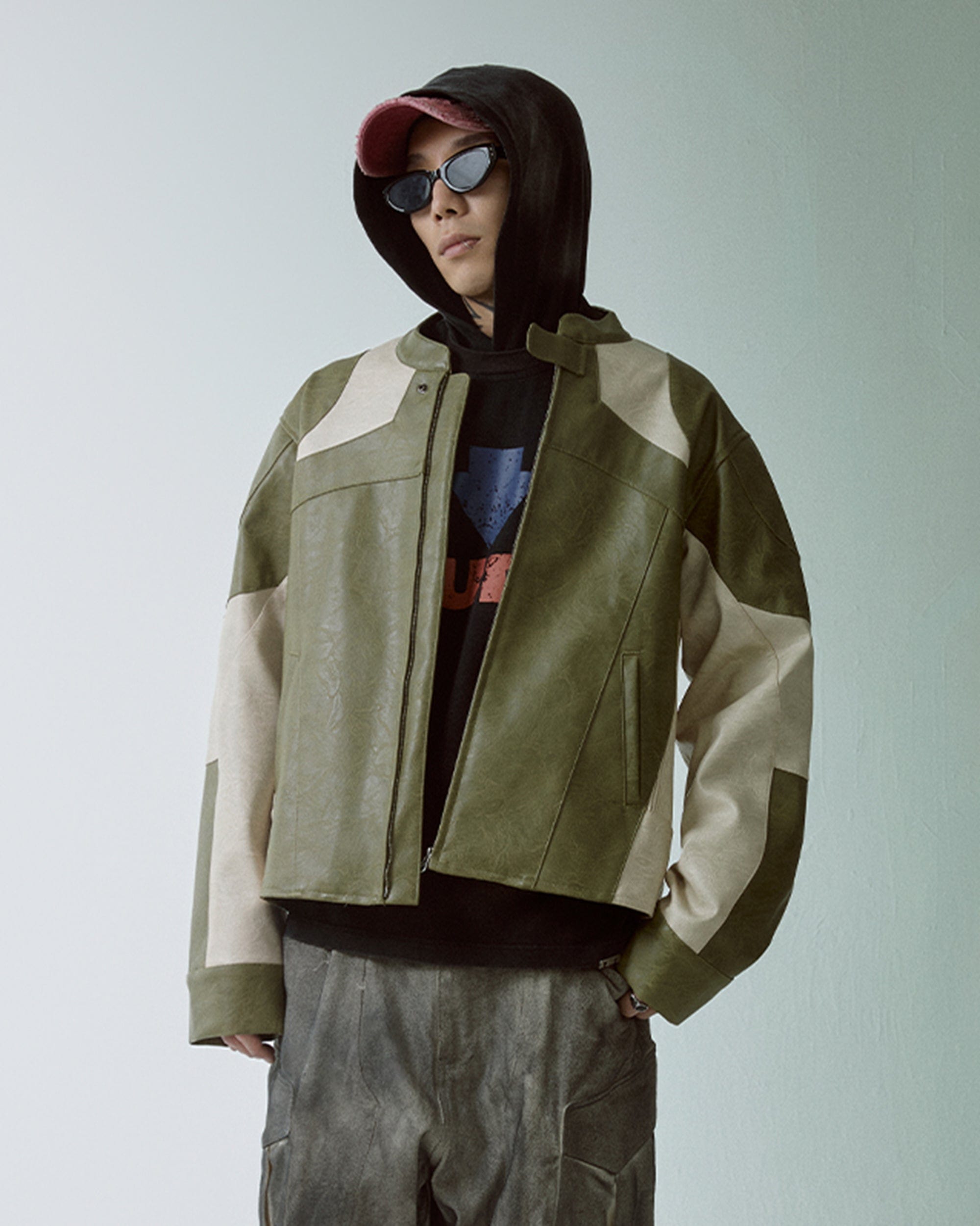 F2CE Modern Deconstructed Faux Leather Biker Jacket