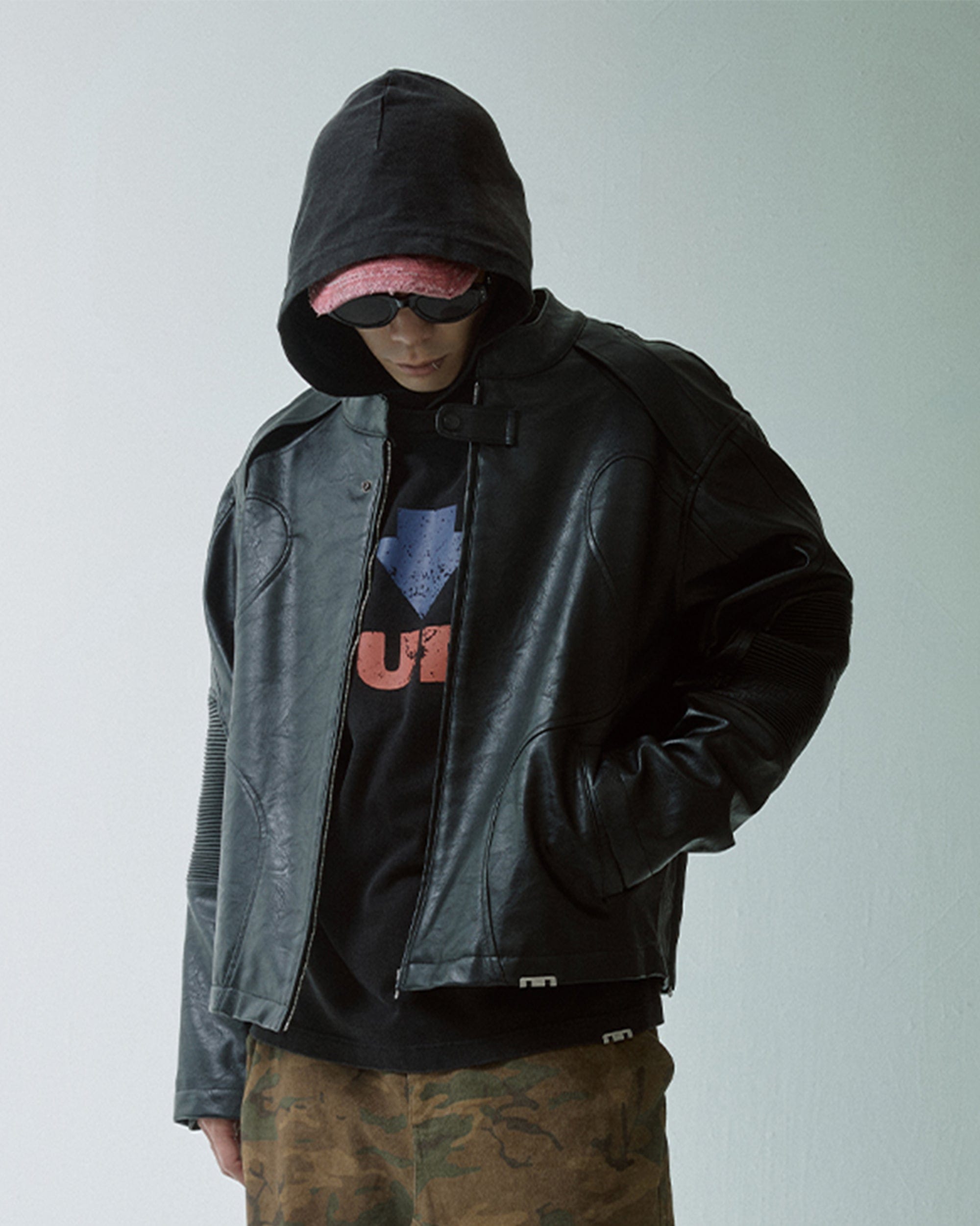 F2CE Modern Deconstructed Faux Leather Biker Jacket Black