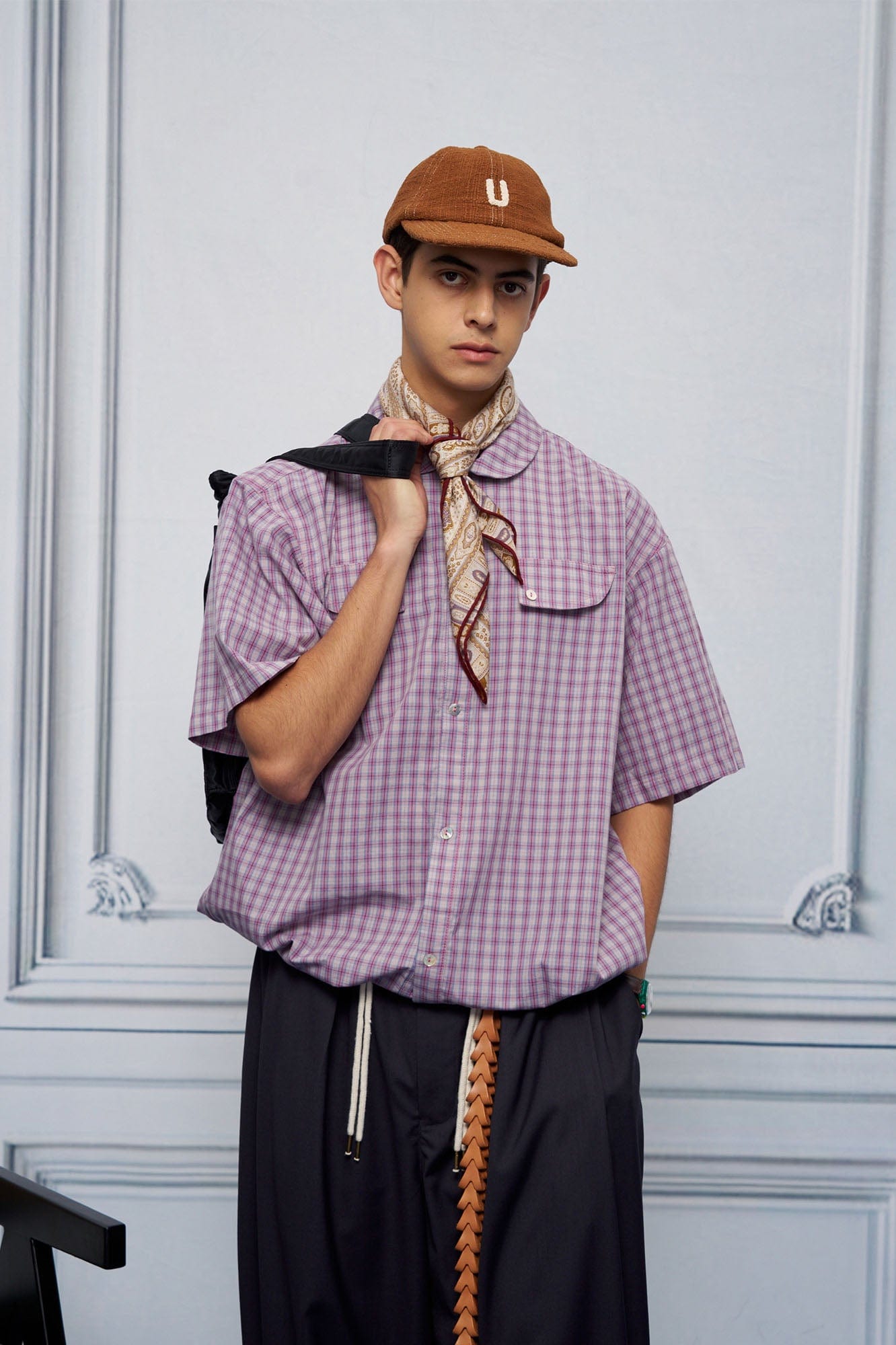 UNLIMITED MOTE Drawstring Hem Plaid Peter Pan Collar Half Shirt