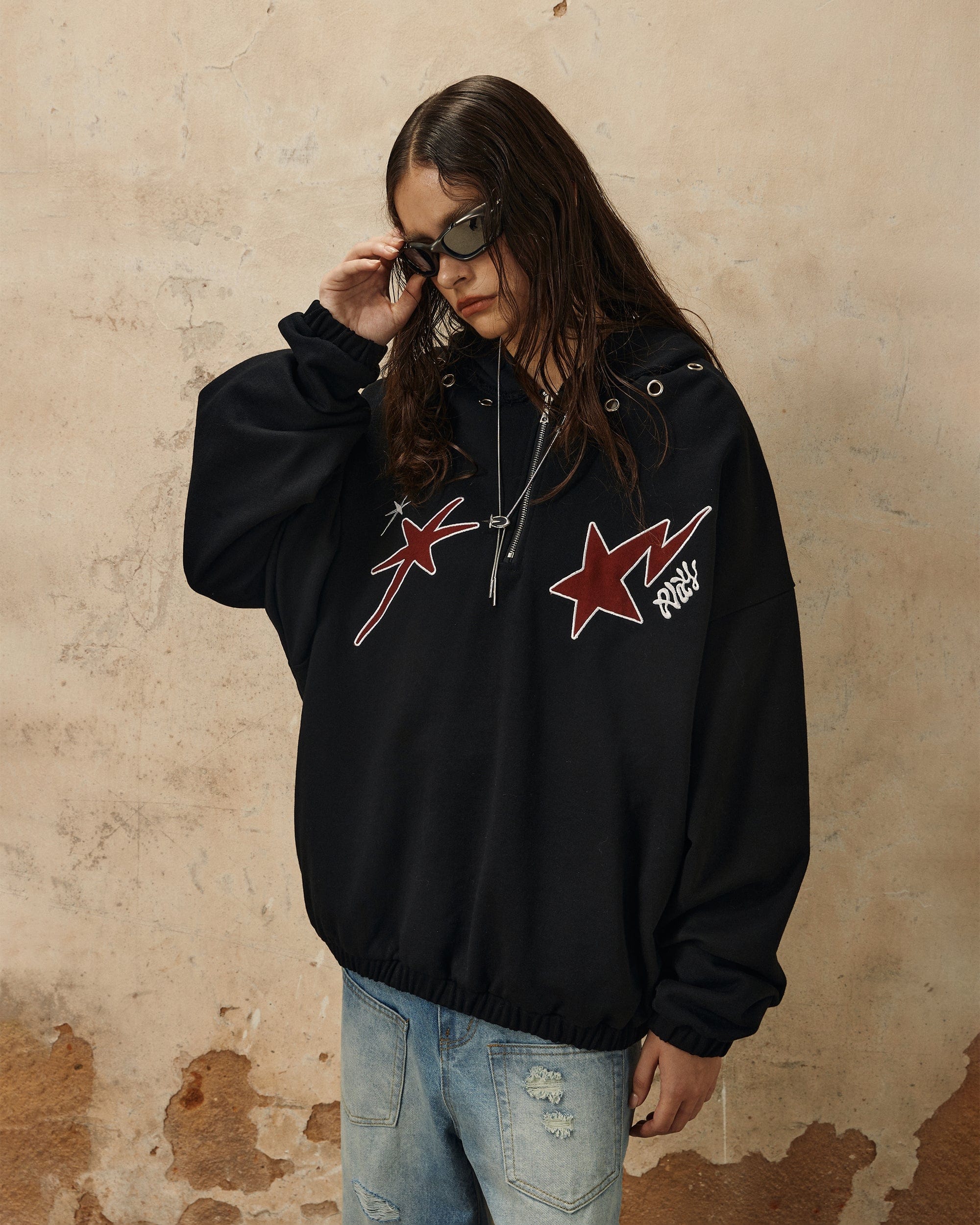 OVDY Star Embroidery Punk Zip-Up Hoodie