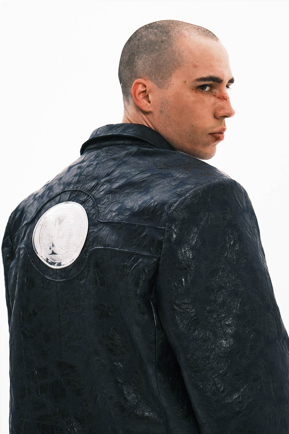 EMBRYO Crinkled Textured Faux Leather Blazer