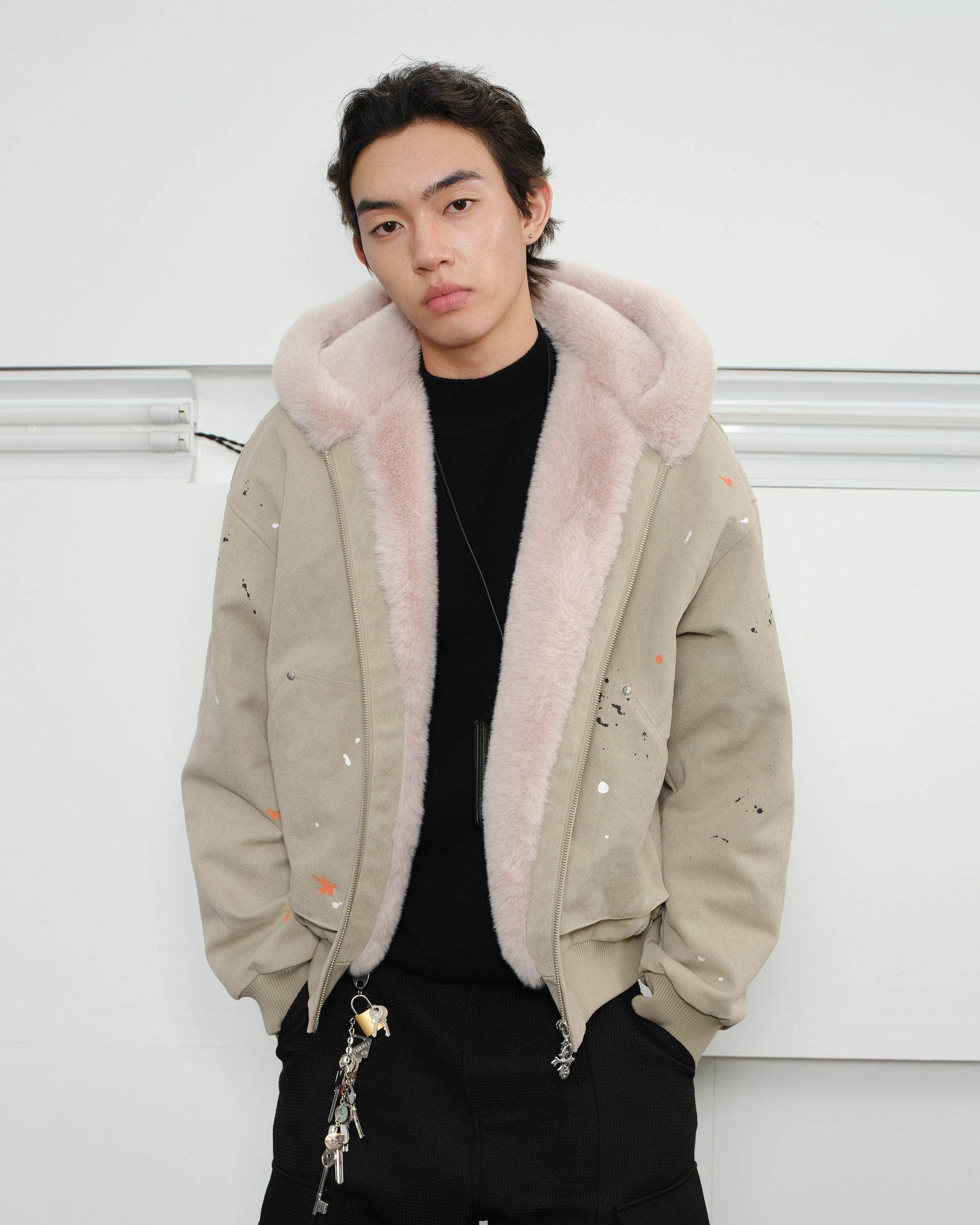 KREATE Rivet Zipper Paint-splattered Fleece-Lined Hooded Jacket