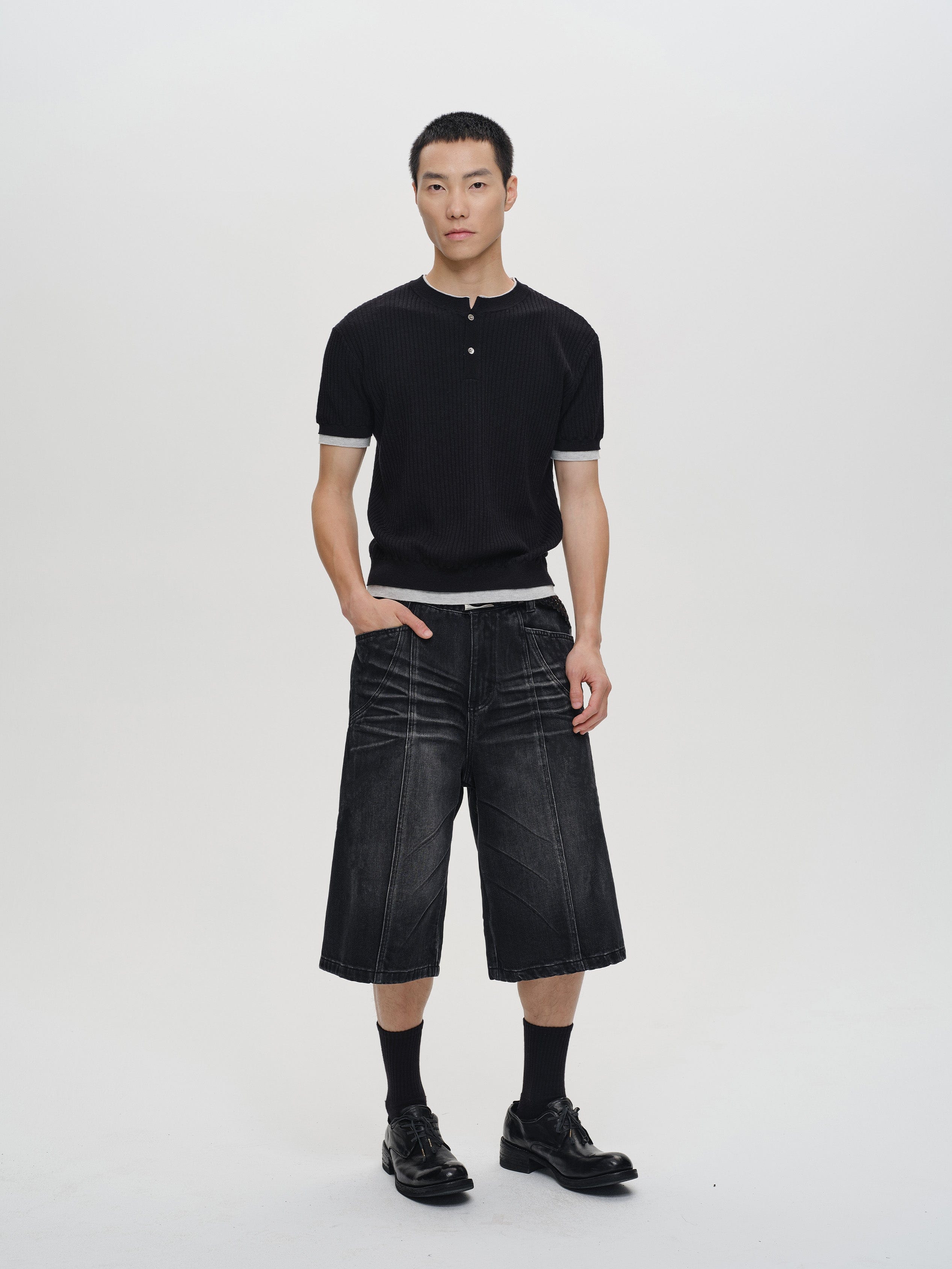 CATSSTAC Whisker-Wash Middle-Spliced Wide-Leg Shorts