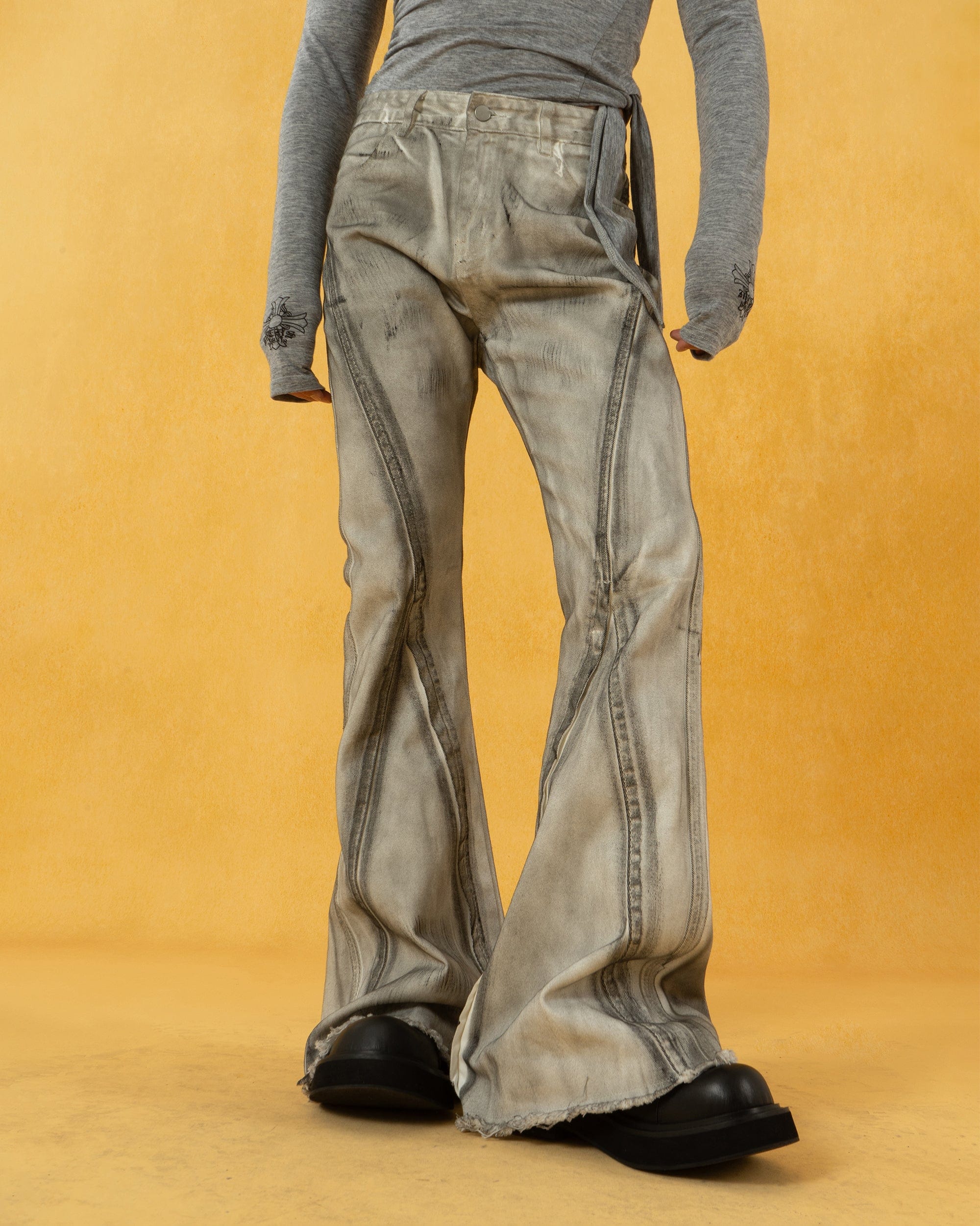 CLP Spliced Distressed Raw Edge Flared Jeans
