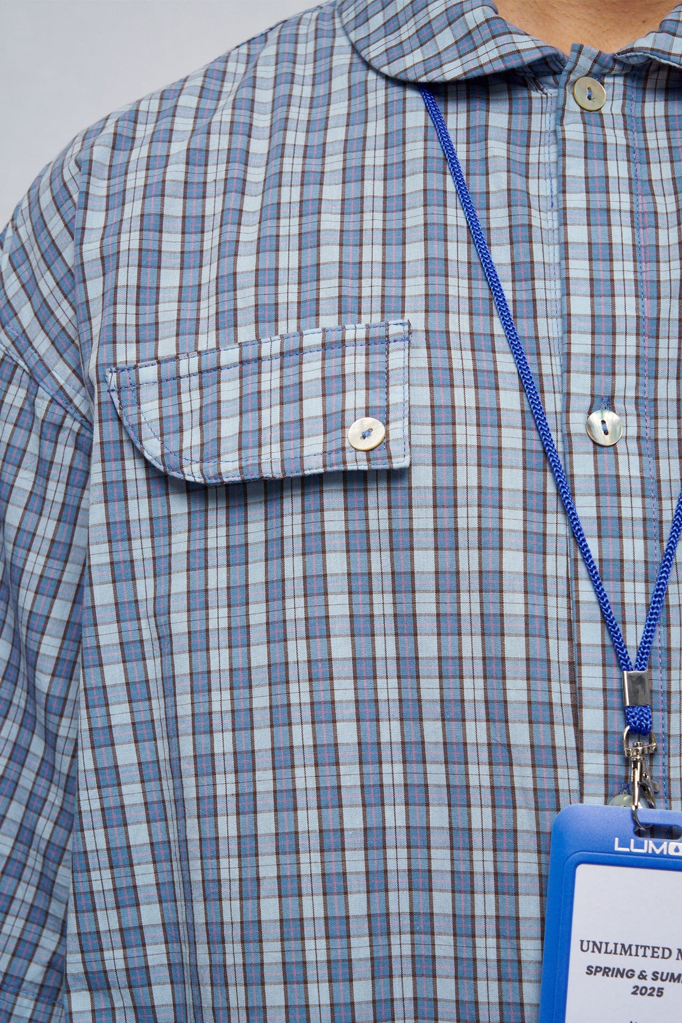 UNLIMITED MOTE Drawstring Hem Plaid Peter Pan Collar Half Shirt
