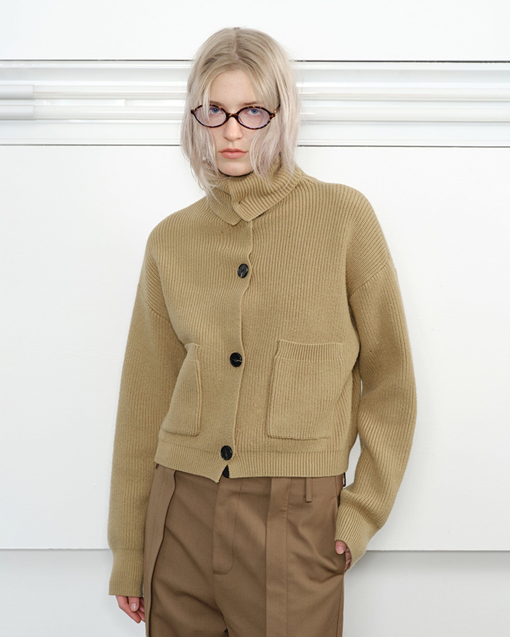 KREATE High-Collar Big-Pocket Button-Up Knitted Jacket