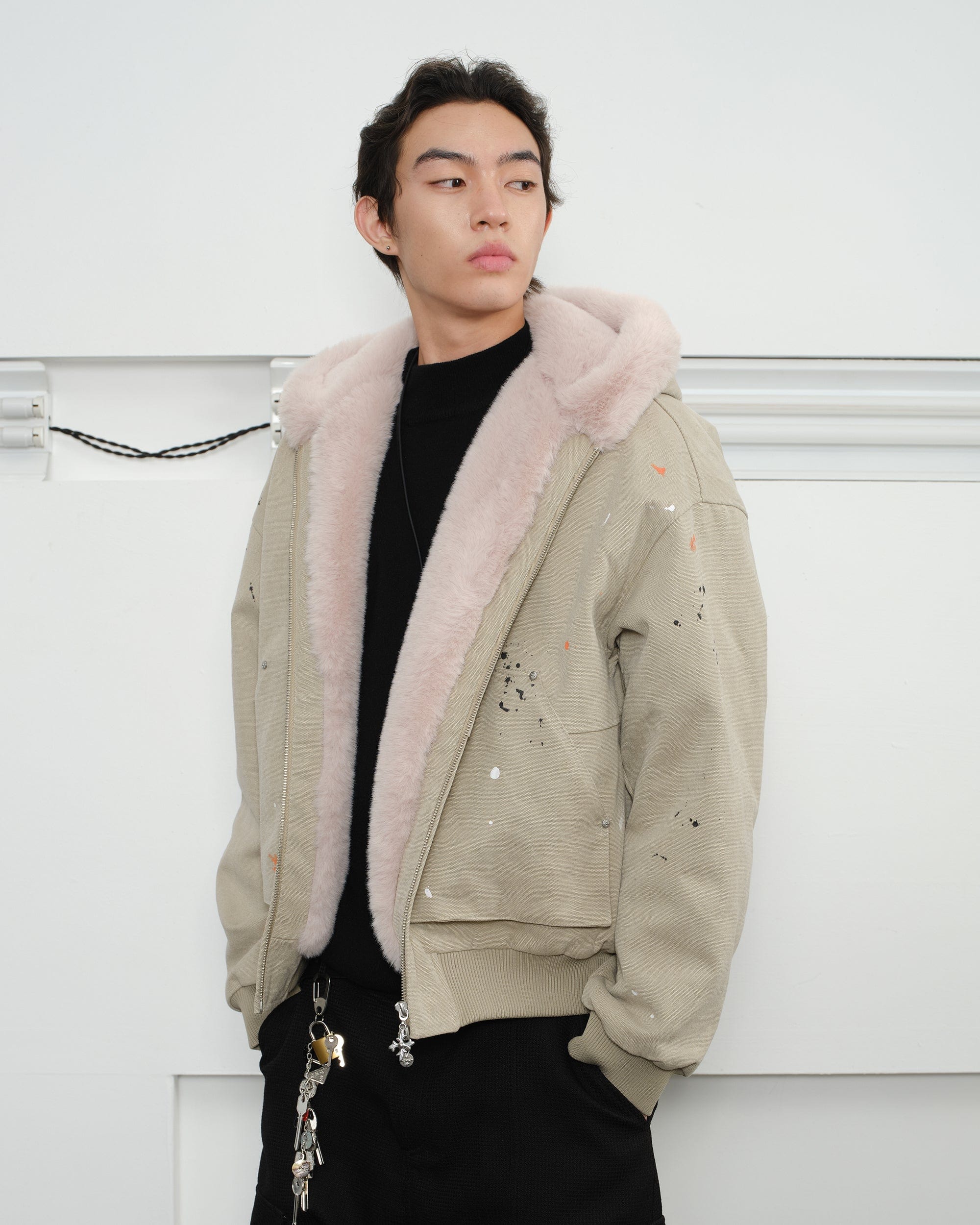 KREATE Rivet Zipper Paint-splattered Fleece-Lined Hooded Jacket