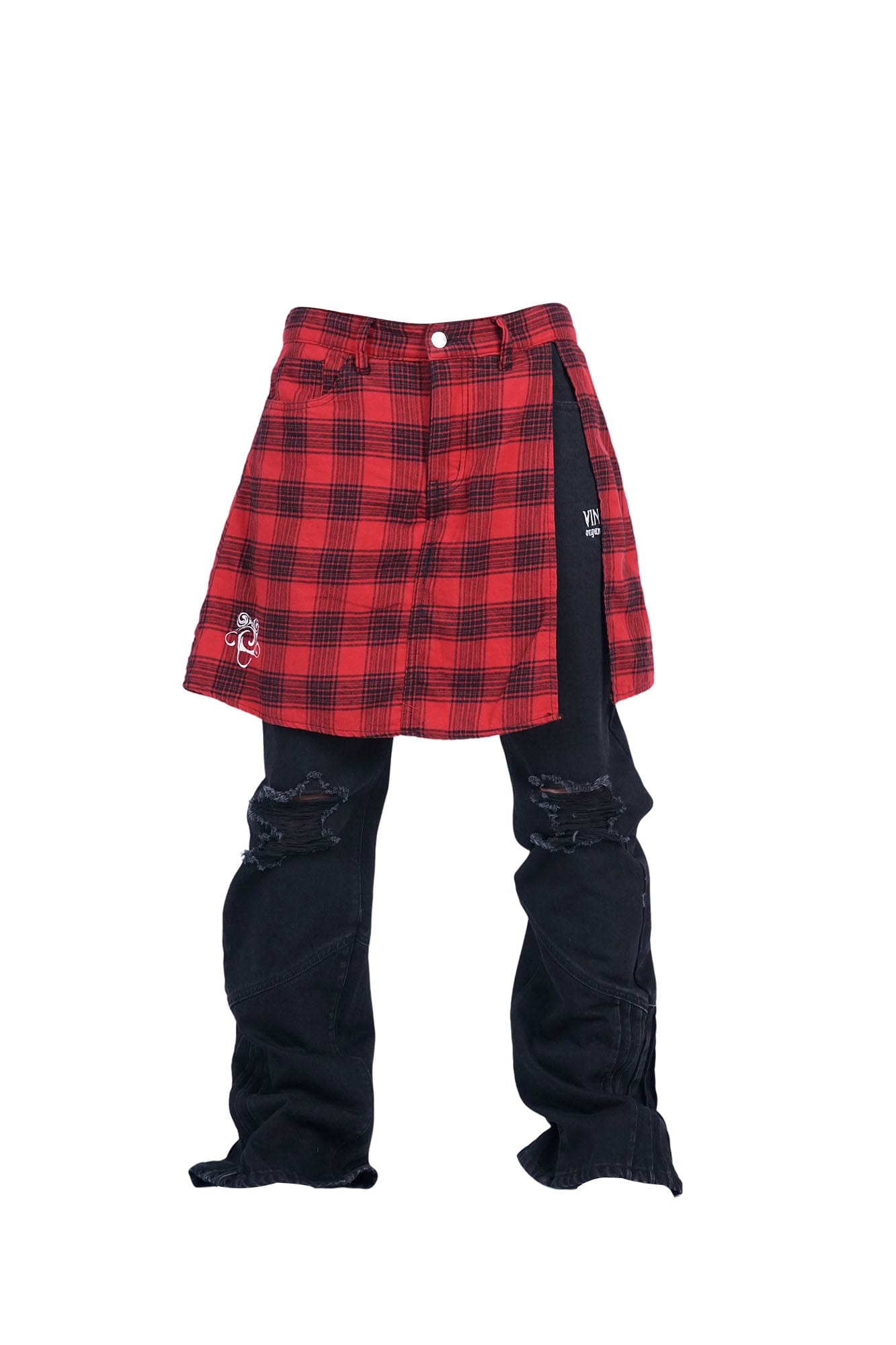 VINKID Plaid Skirt Overlay Ripped Jeans
