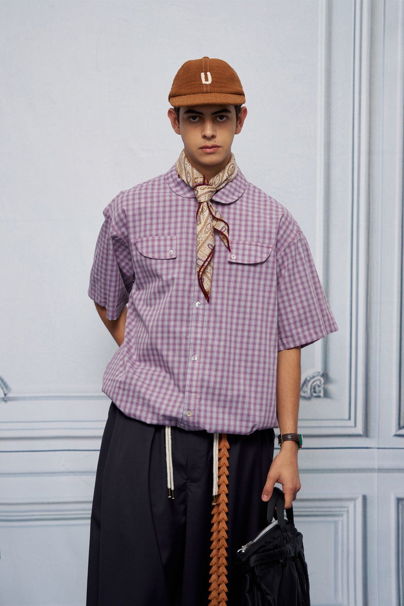 UNLIMITED MOTE Drawstring Hem Plaid Peter Pan Collar Half Shirt