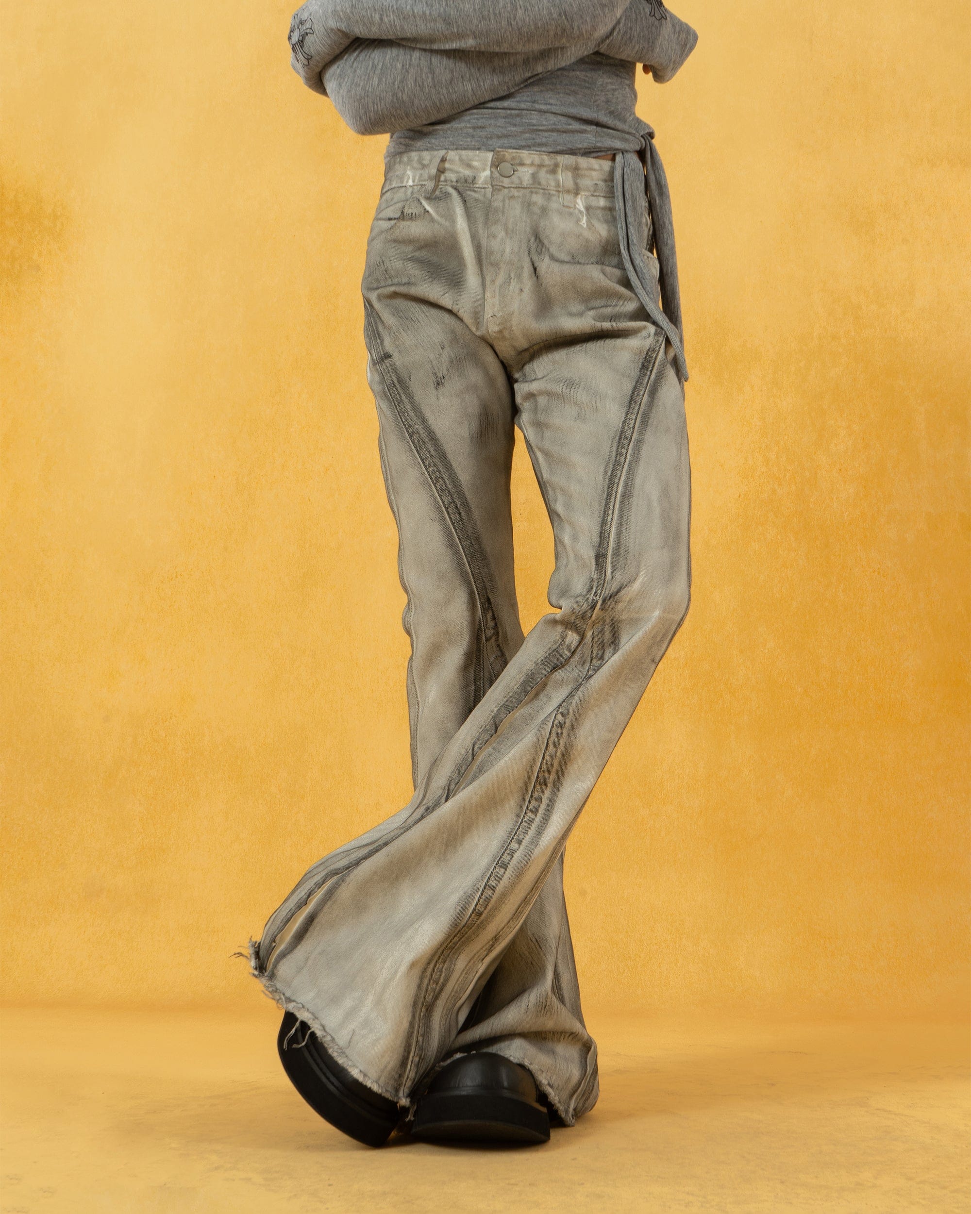 CLP Spliced Distressed Raw Edge Flared Jeans