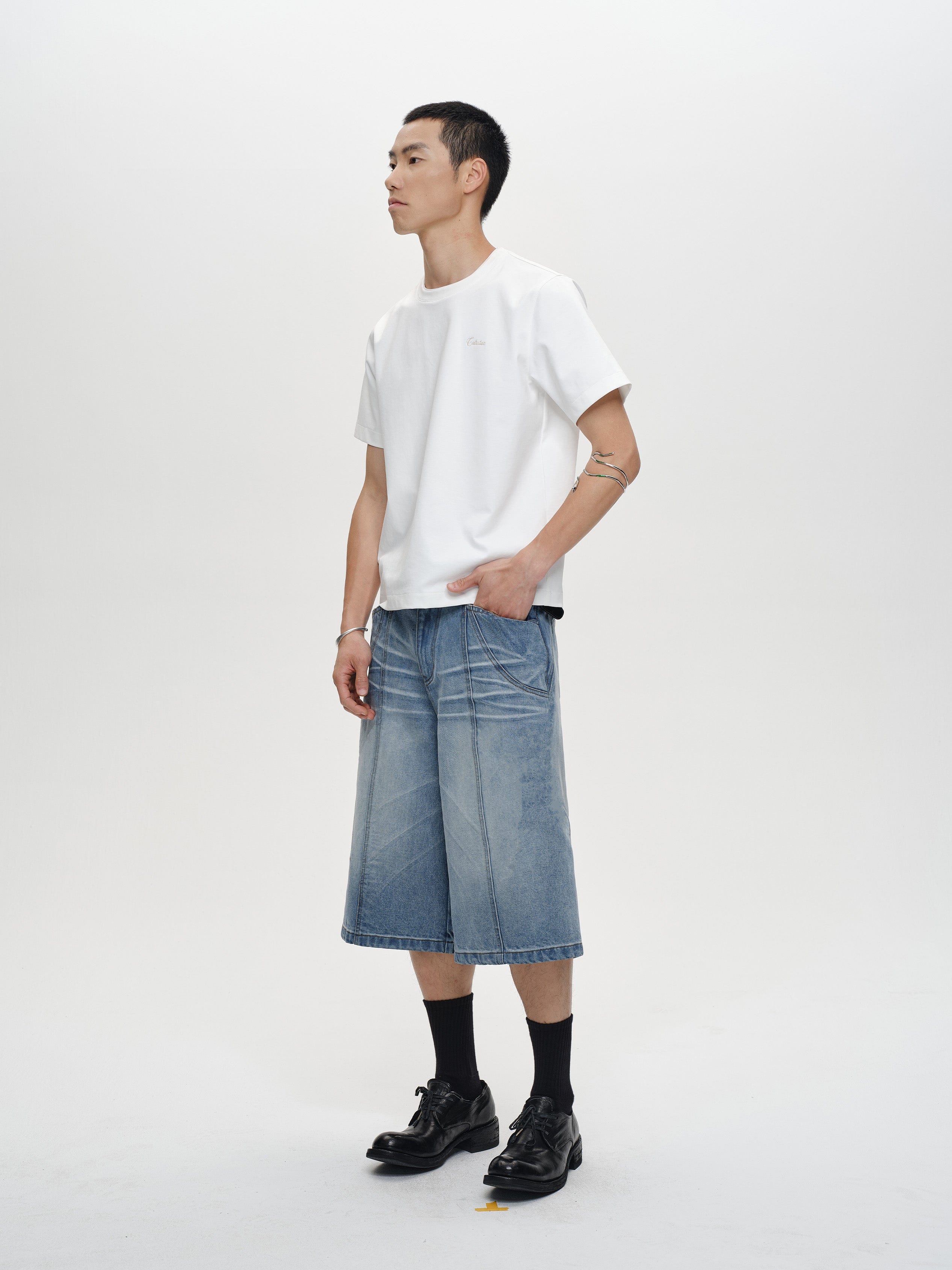 CATSSTAC Whisker-Wash Middle-Spliced Wide-Leg Shorts