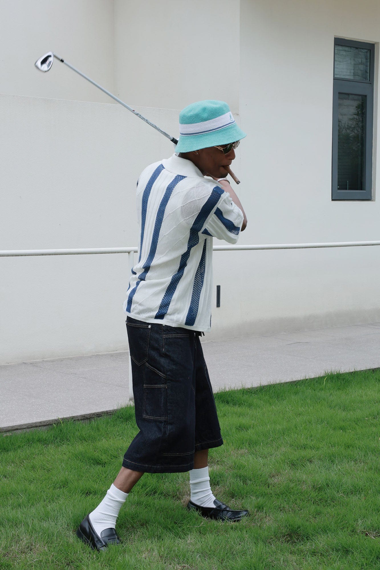 STEEPC Pearl LOGO Patch Striped Knit Half Shirt