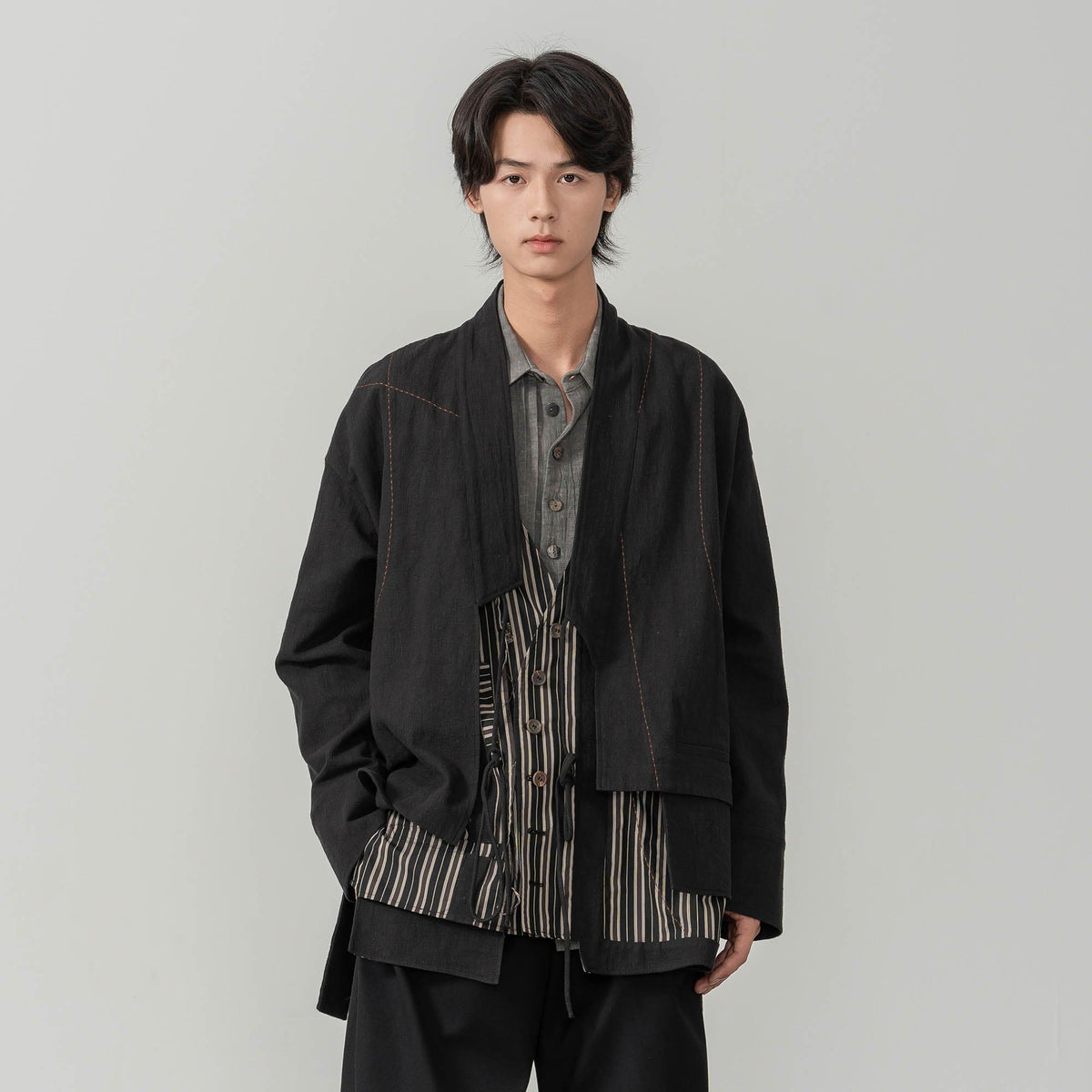 MOITIEDEPETALE Striped Layered Stitched Daoist Robe