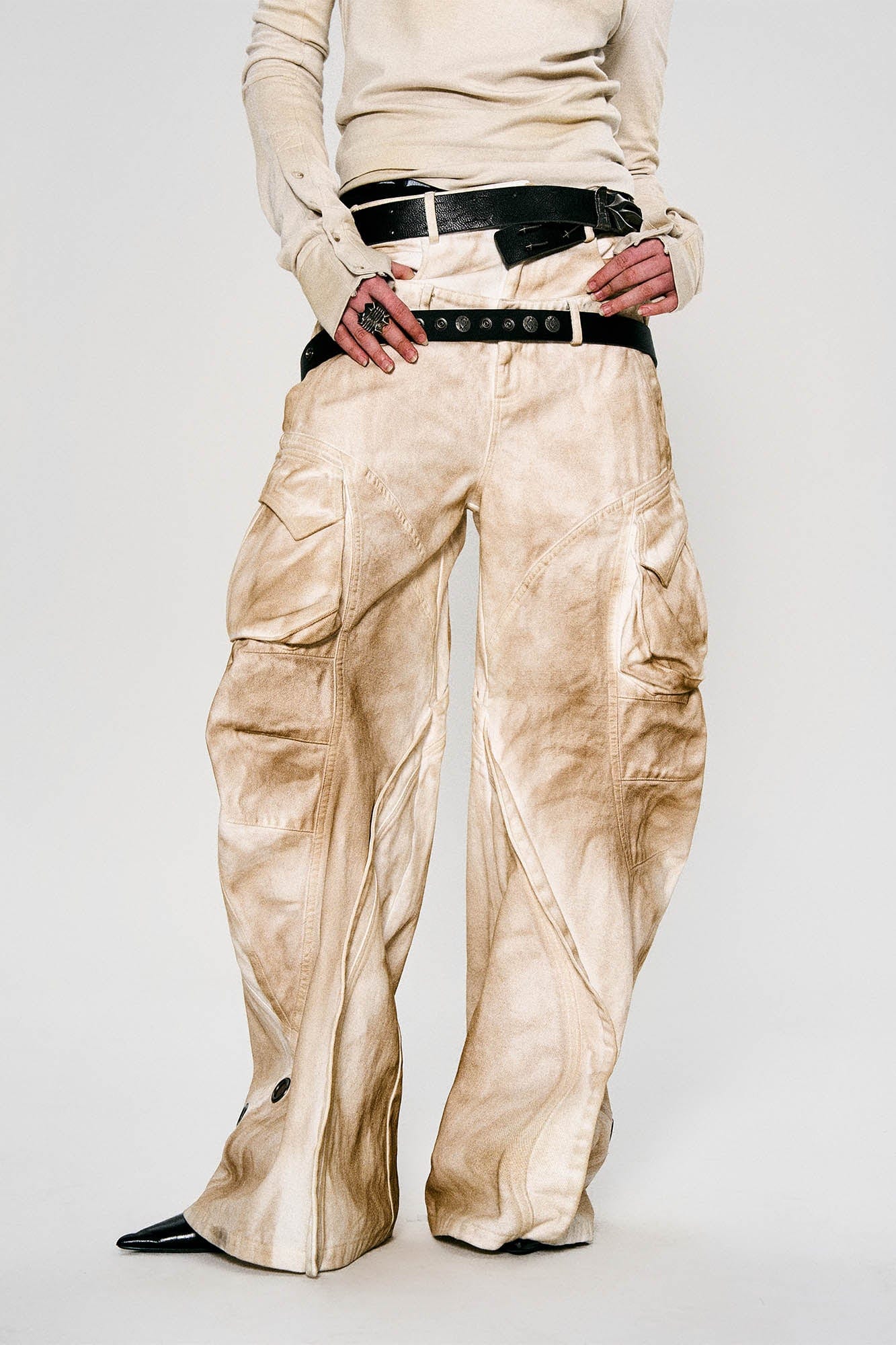 FLYERRER Rusted Double-Waist Multi-Pocket Curved-Leg Cargo