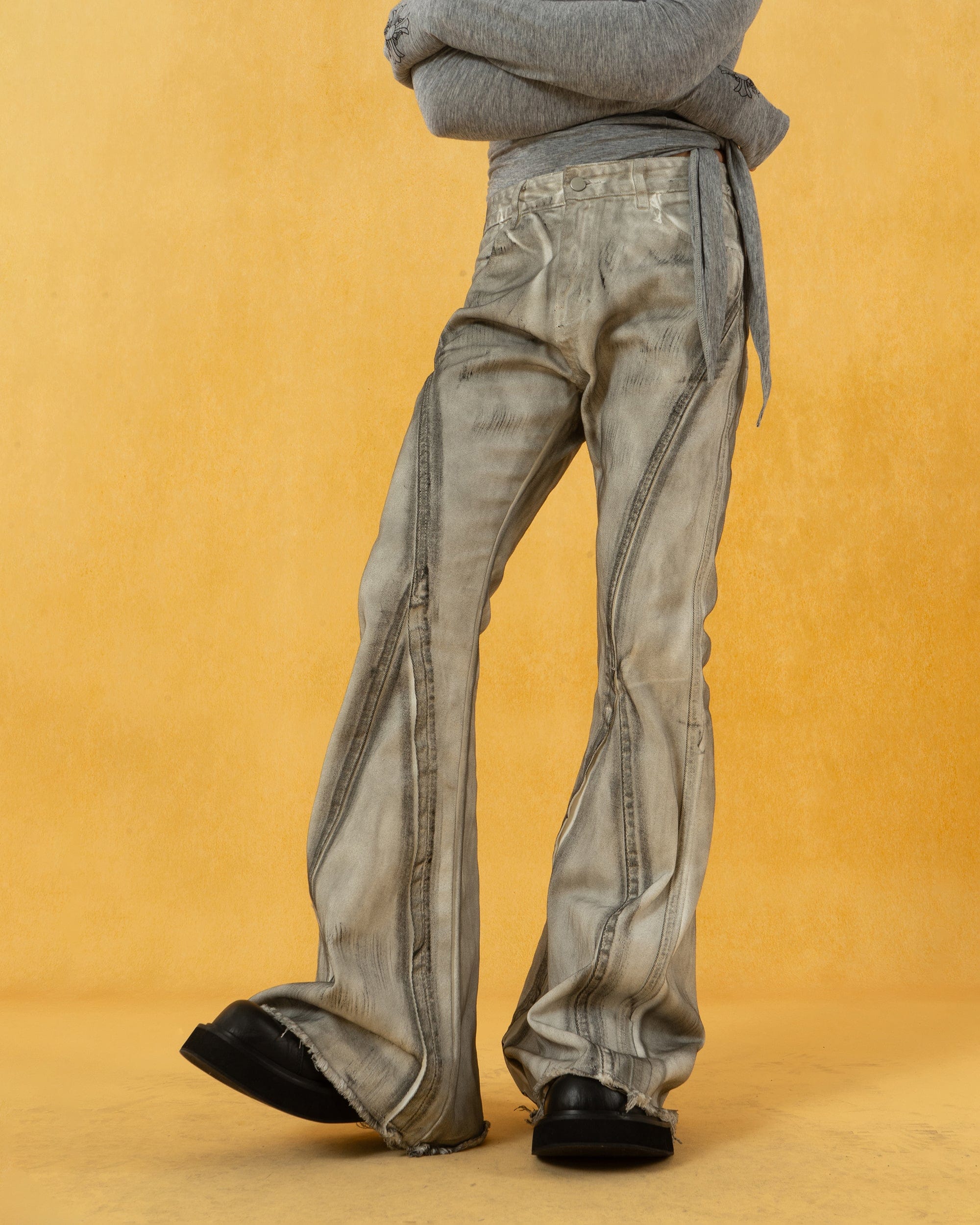 CLP Spliced Distressed Raw Edge Flared Jeans