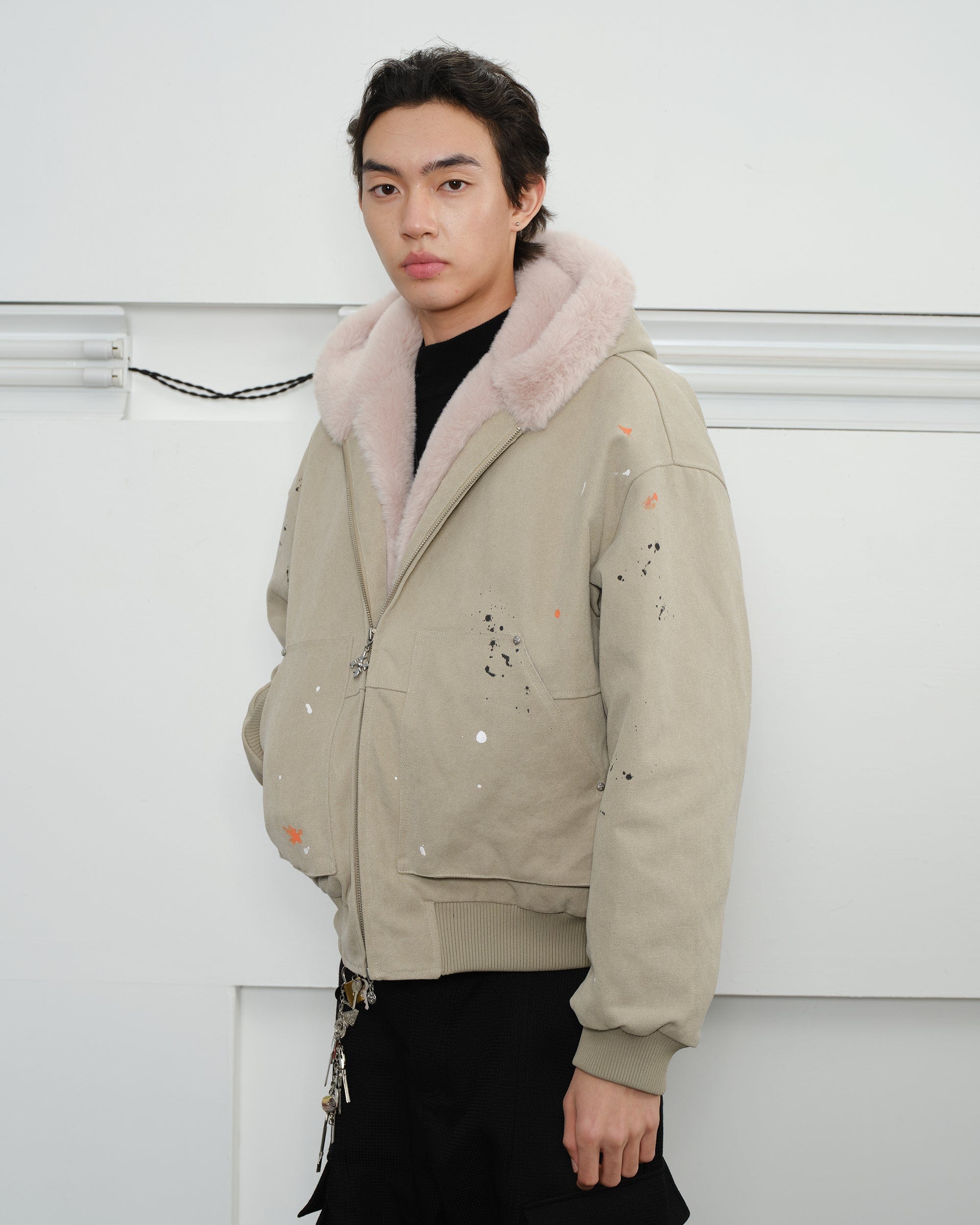 KREATE Rivet Zipper Paint-splattered Fleece-Lined Hooded Jacket