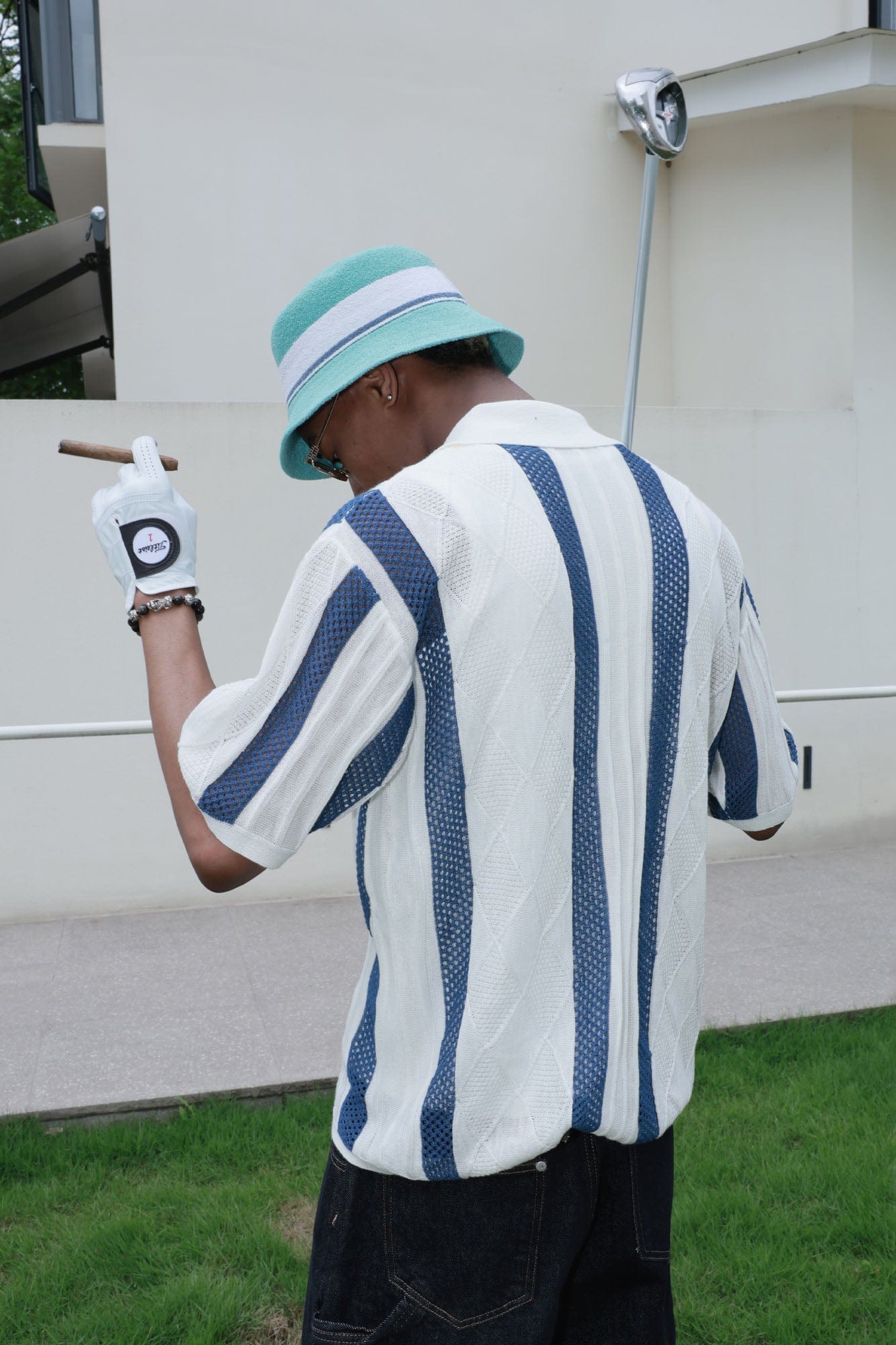 STEEPC Pearl LOGO Patch Striped Knit Half Shirt