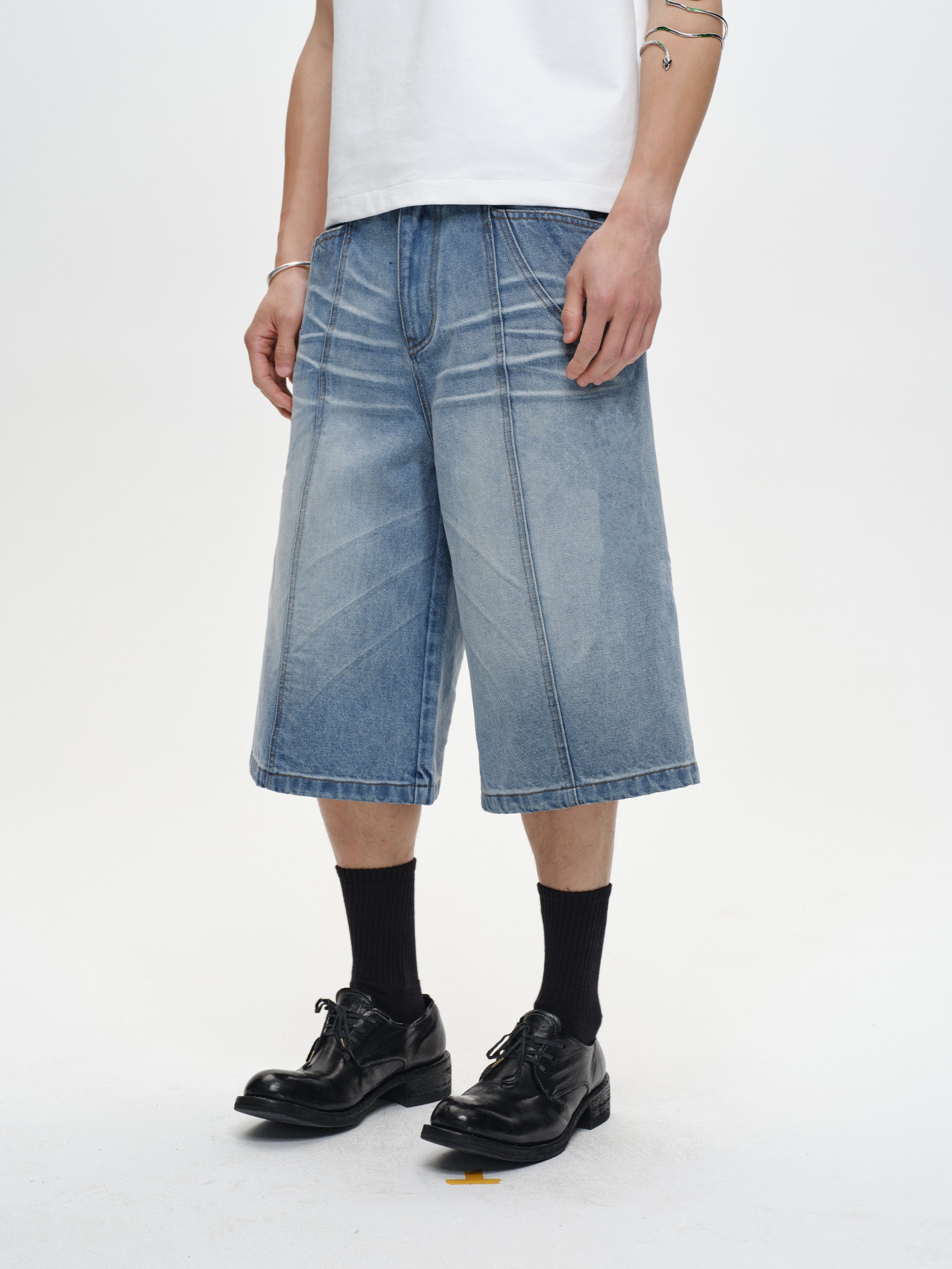 CATSSTAC Whisker-Wash Middle-Spliced Wide-Leg Shorts