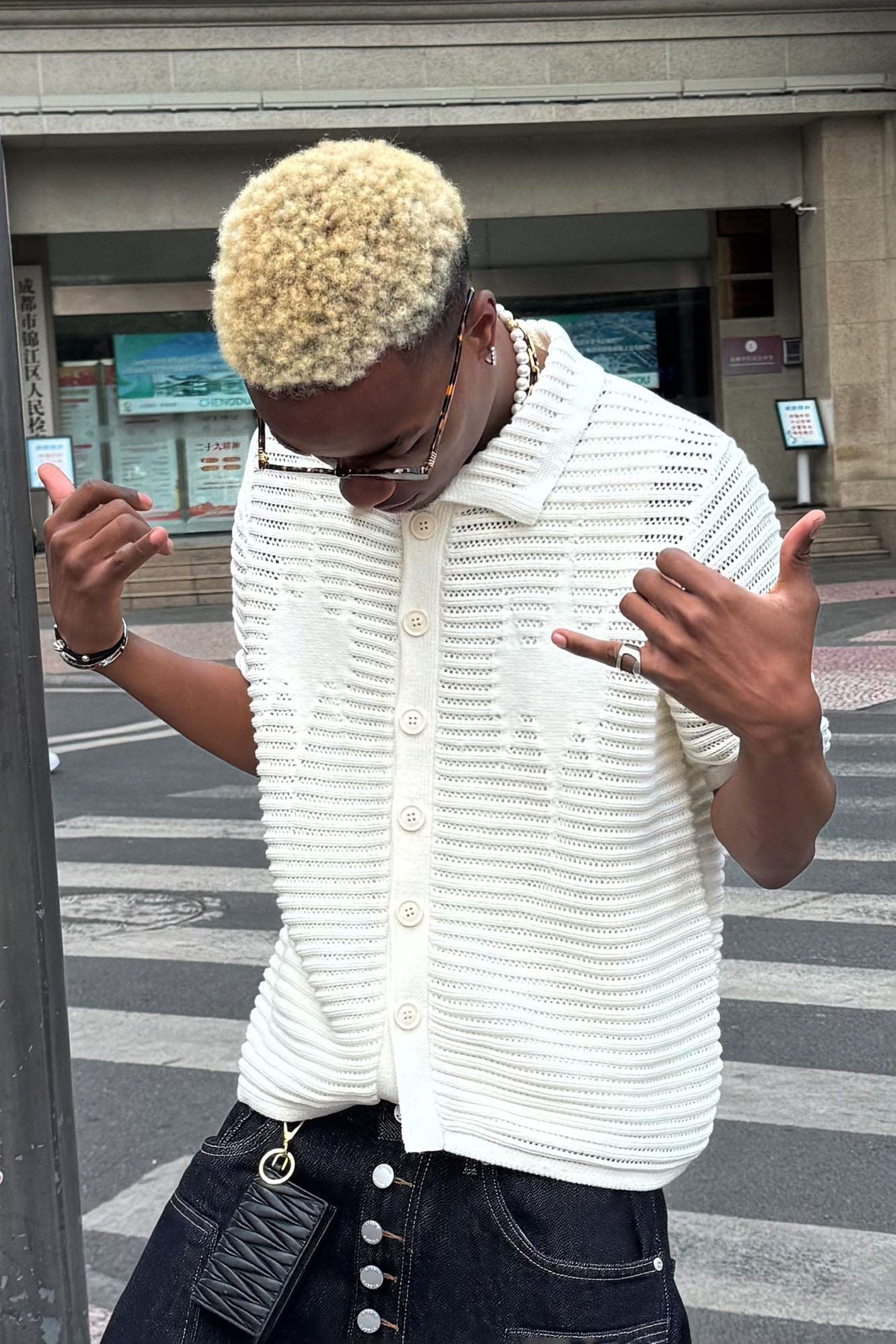 STEEPC Hollow-Out Knit Polo Half Shirt
