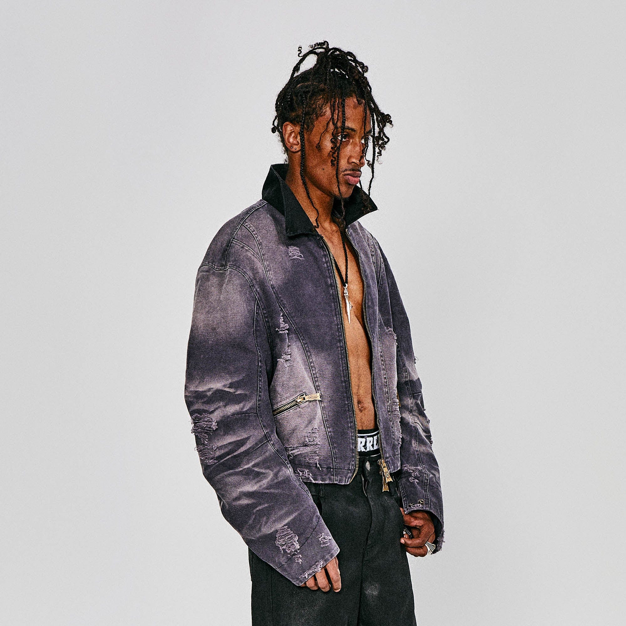 FLYERRER Distressed Curved Spliced Jacket Grey