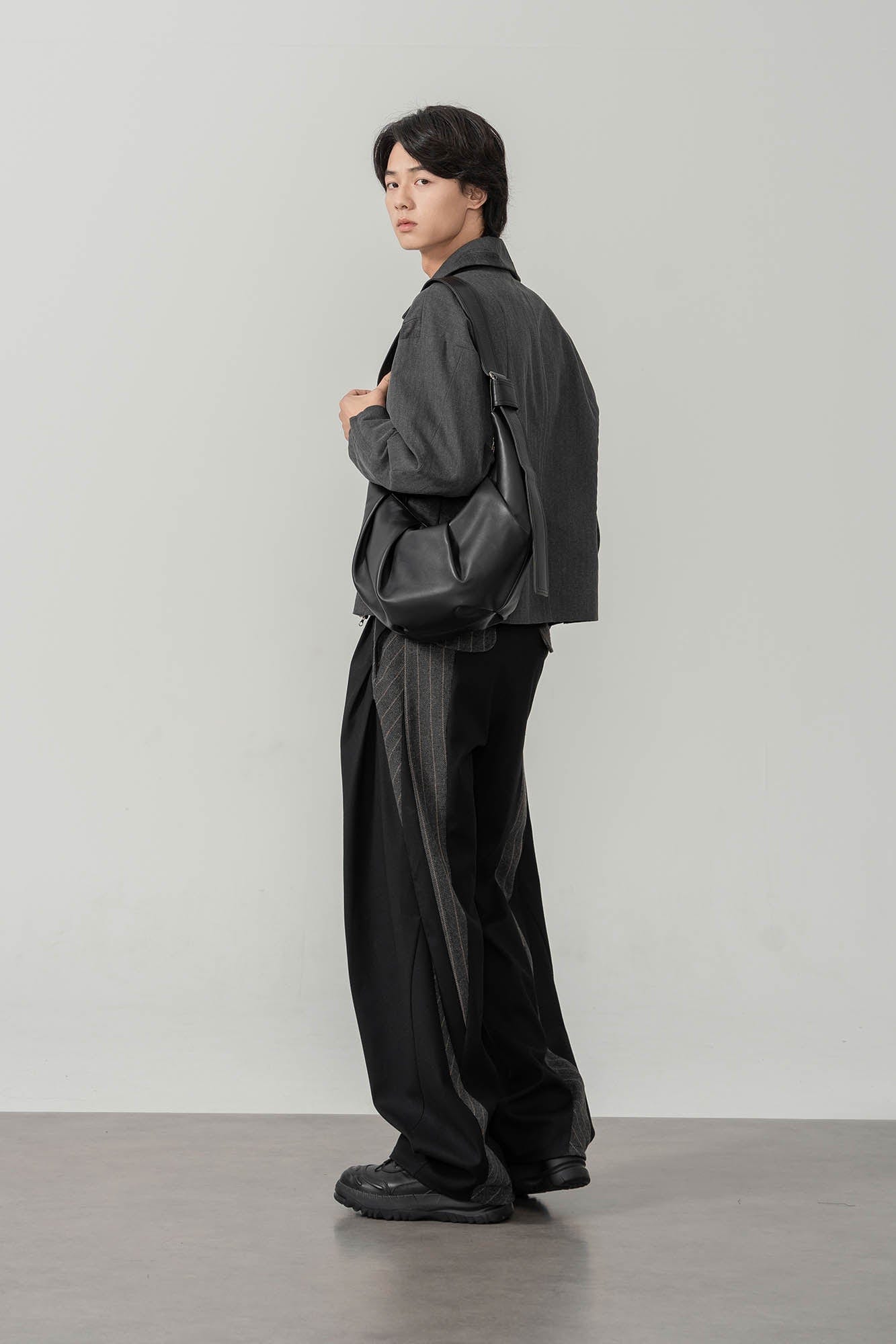 MOITIEDEPETALE Geometric Paneled Pinstripe Pleated Wide-Leg Trousers